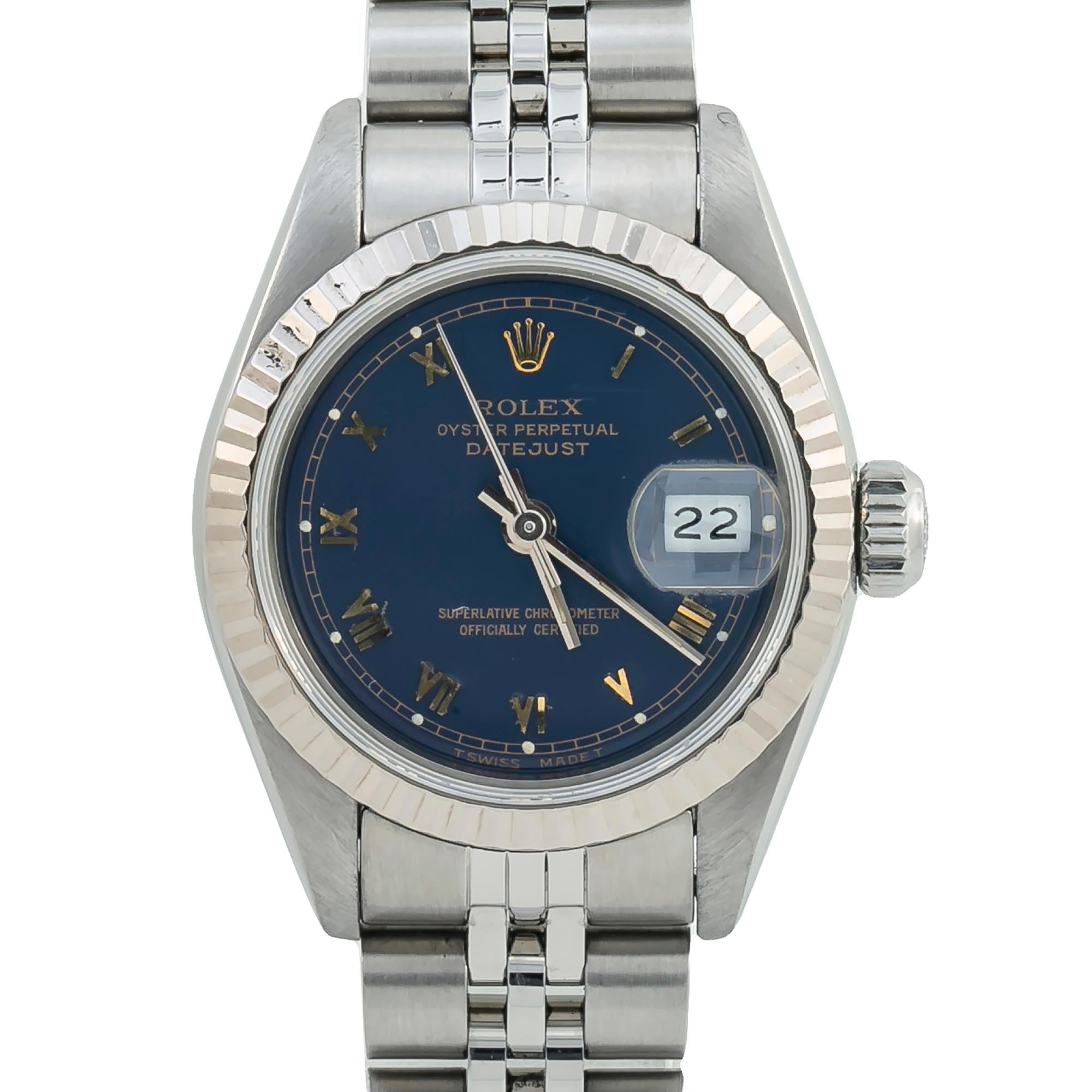 Rolex Datejust 69174 Papers Blue Roman Dial 18k Fluted Bezel Ladies Watch 26mm