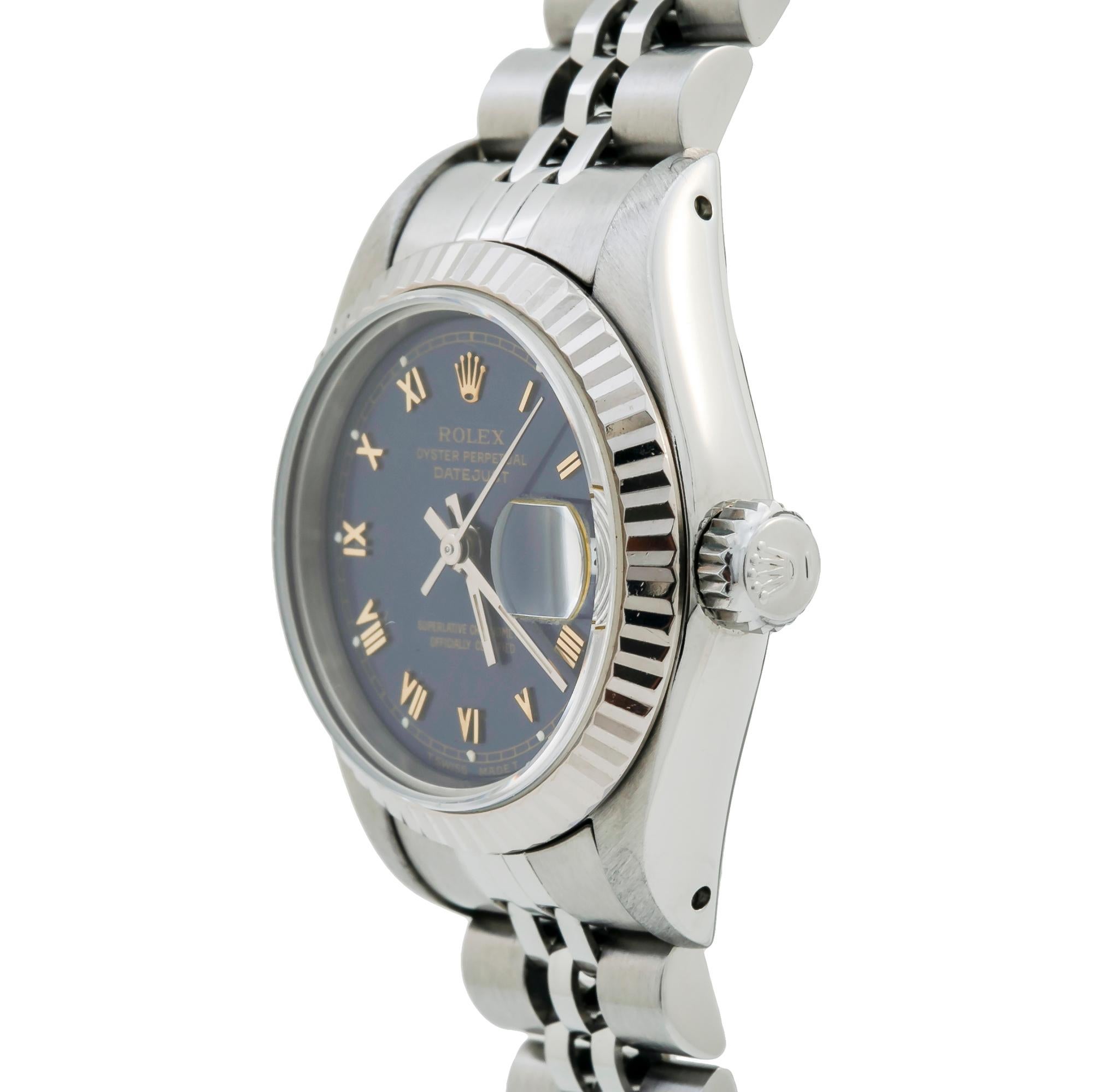 Contemporary Rolex Datejust 69174 Papers Blue Roman Dial 18k Fluted Bezel Ladies Watch