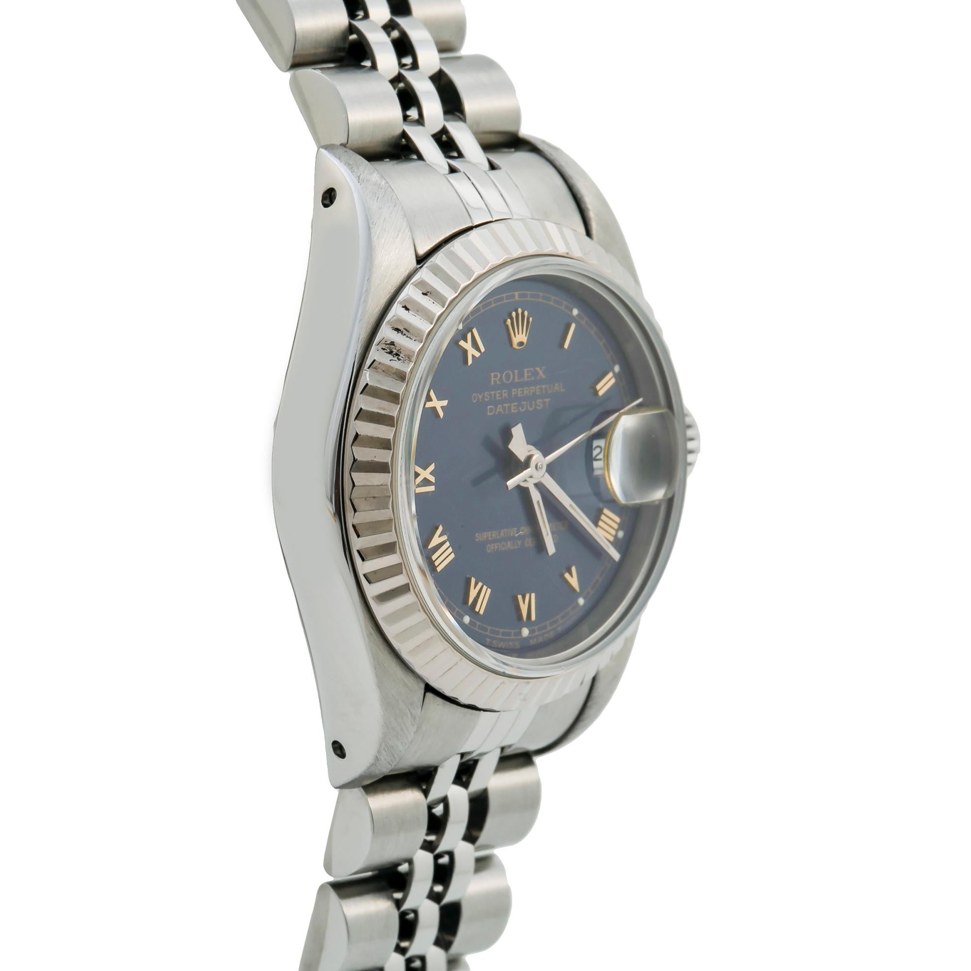 Rolex Datejust 69174 Papers Blue Roman Dial 18k Fluted Bezel Ladies Watch In Good Condition In Miami, FL