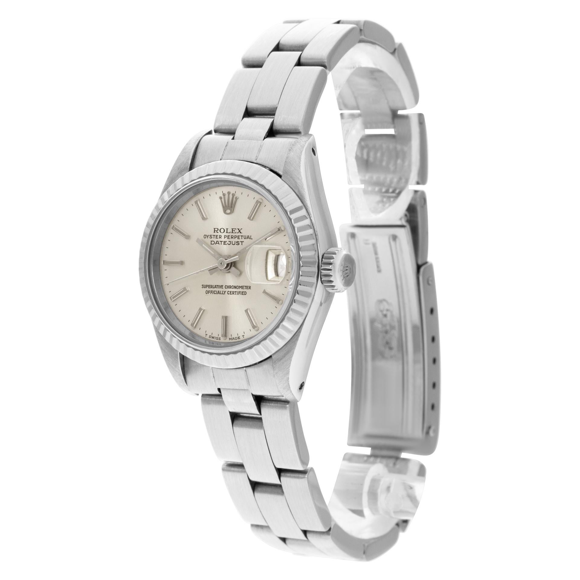 Rolex Datejust in stainless steel with 18k white gold bezel. Auto w/ sweep seconds and date. Case size 26mm. Ref 69174. Circa 1987. Fine Pre-owned Rolex Watch.   Certified preowned Classic Rolex Datejust 69174 watch is made out of Stainless steel on