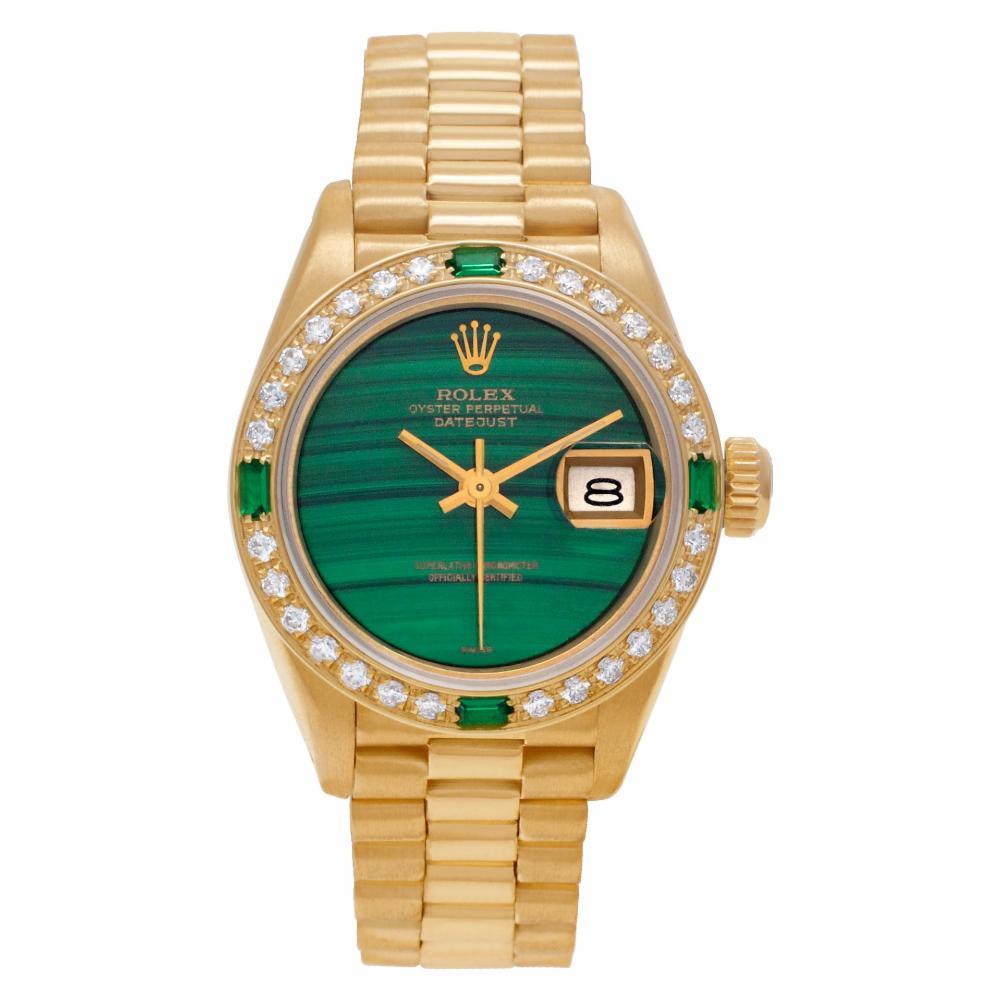 Rolex Datejust Reference #:69178. Ladies Rolex Datejust in 18k yellow gold with custom diamond and emerald bezel and custom malachite dial. Auto w/ subseconds and day. Ref 69178. Circa 1984. Fine Pre-owned Rolex Watch. Certified preowned Vintage