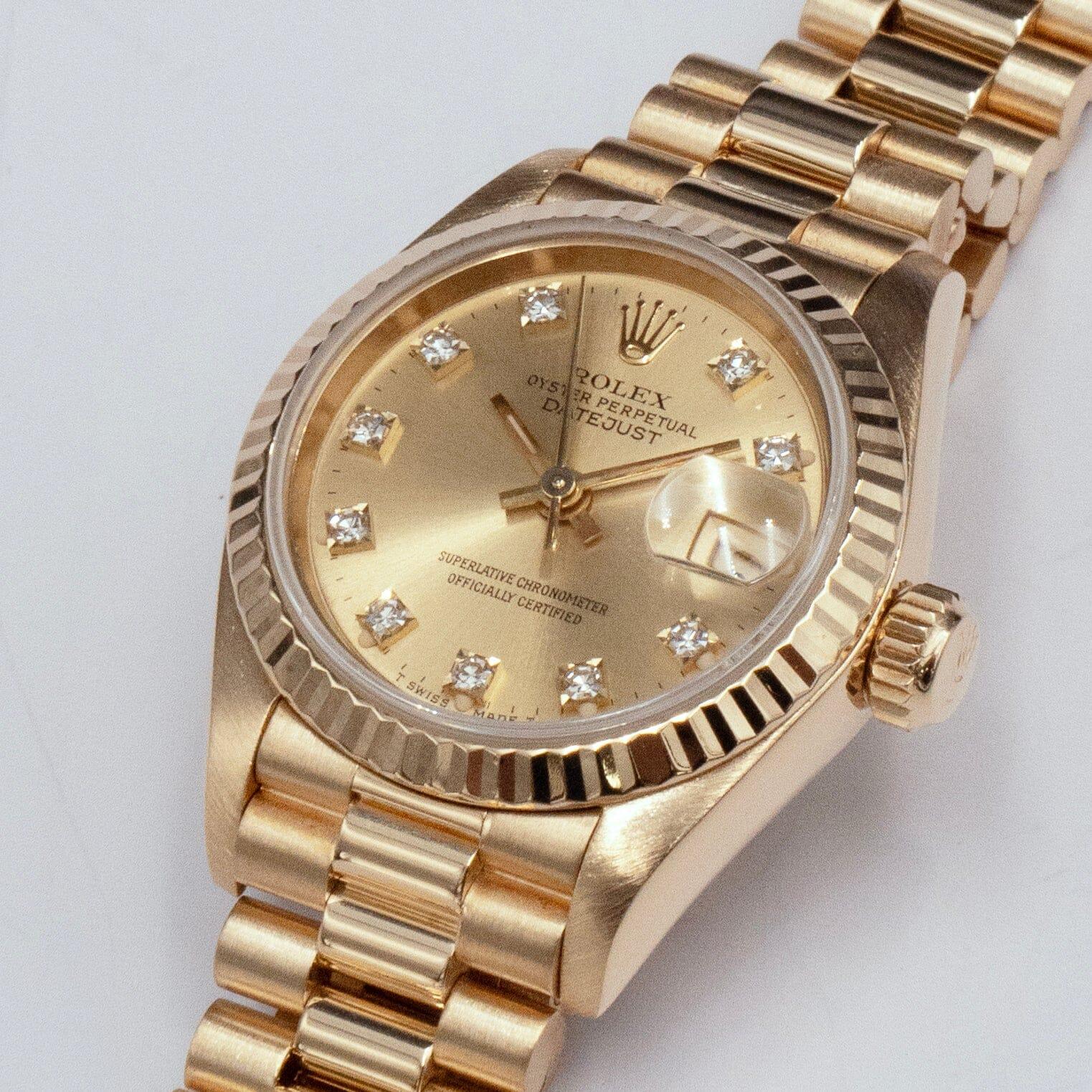 Rolex Datejust 69178 Orologio da donna con quadrante champagne e diamanti in oro giallo 18 carati In condizioni ottime a Great Neck, NY