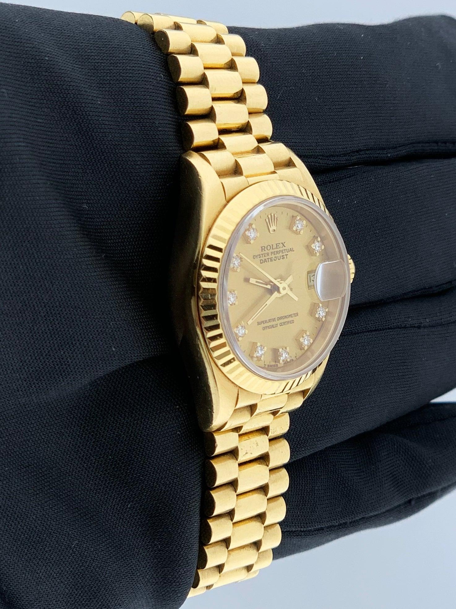 Rolex Datejust 69178 18K Yellow Gold Diamond Dial Ladies Watch In Excellent Condition In Great Neck, NY