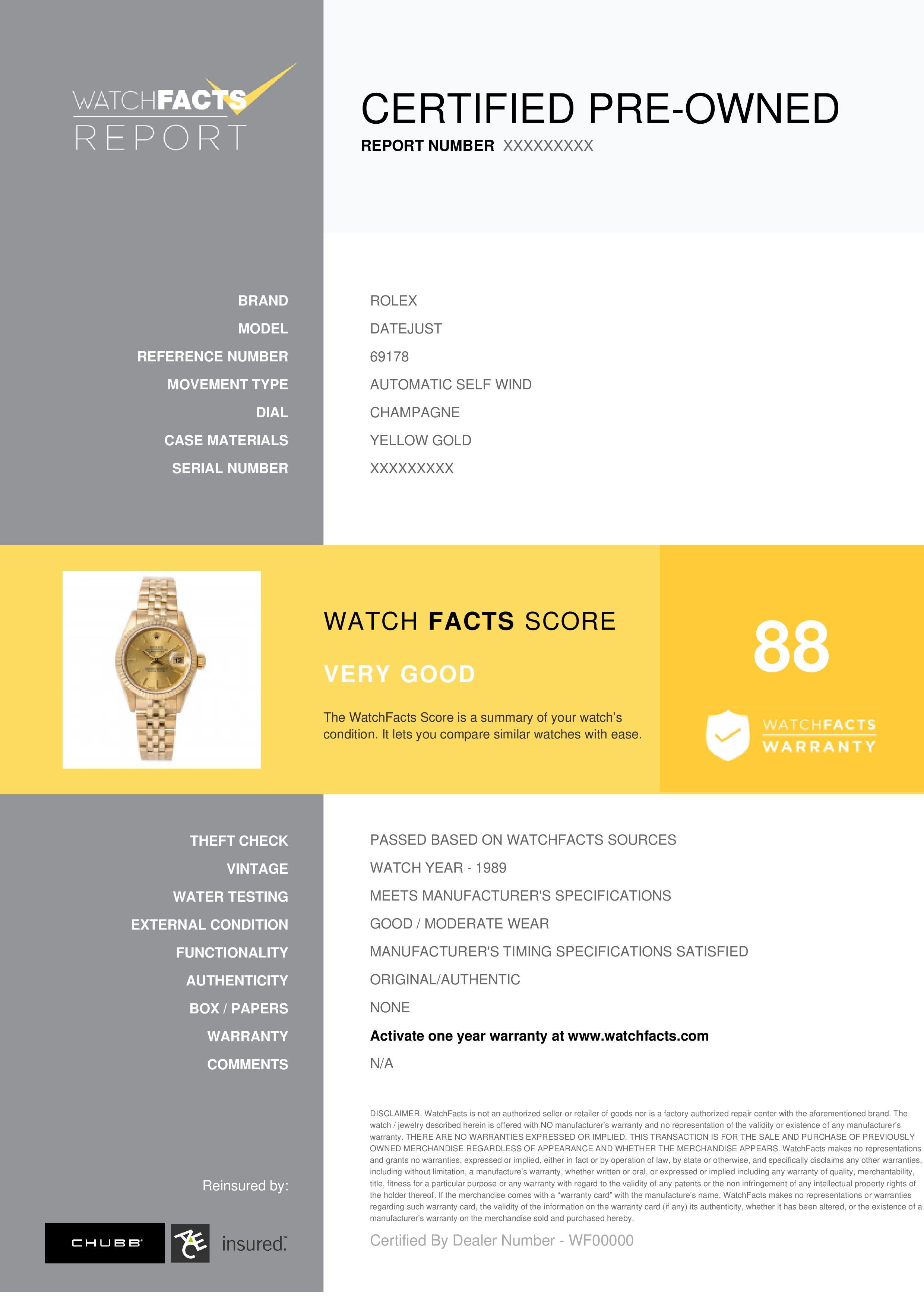 Rolex Datejust Reference #: 69178. Womens Automatic Self Wind Watch Yellow Gold Champagne 26 MM. Verified and Certified by WatchFacts. 1 year warranty offered by WatchFacts.
