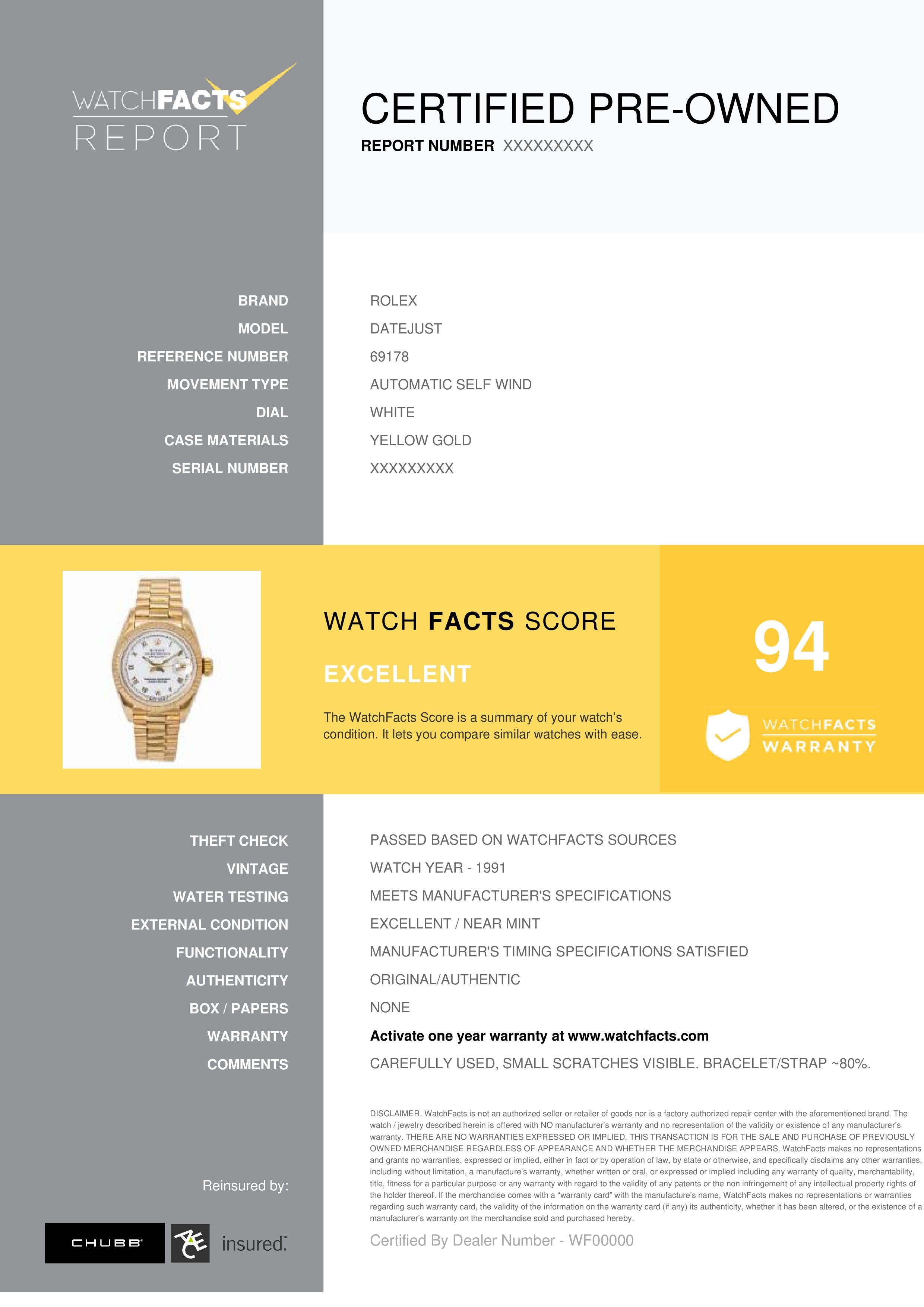 Rolex Datejust Reference #: 69178. Womens Automatic Self Wind Watch Yellow Gold White 26 MM. Verified and Certified by WatchFacts. 1 year warranty offered by WatchFacts.
