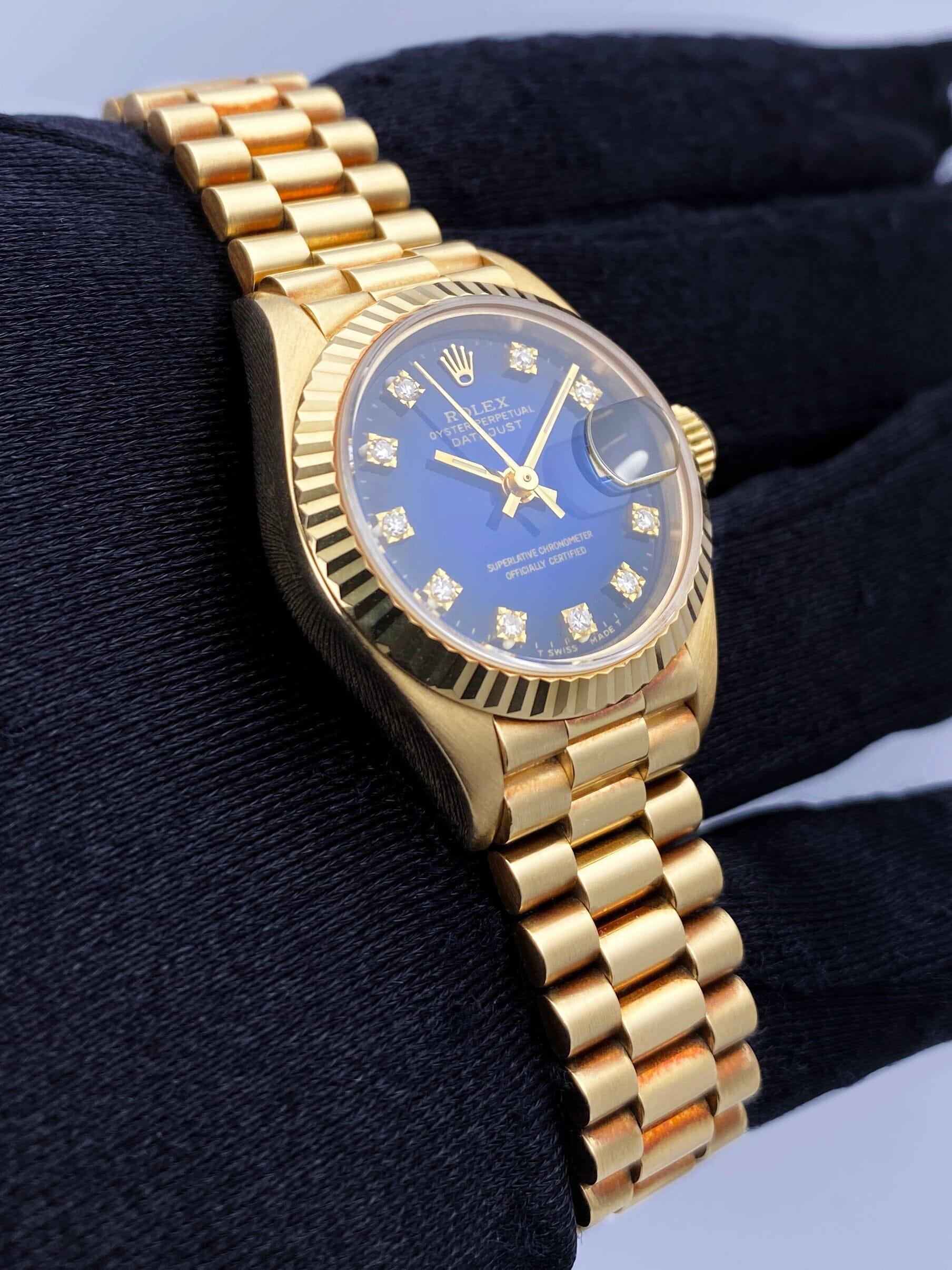 Rolex Datejust 69178 quadrante blu con vignette in oro giallo 18 carati per donna In condizioni ottime a Great Neck, NY