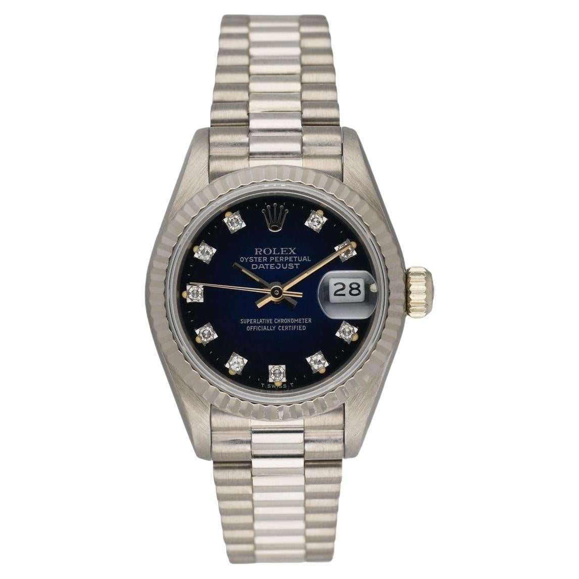Rolex Datejust 69179 18K White Gold Blue Vignette Diamond Dial Ladies Watch