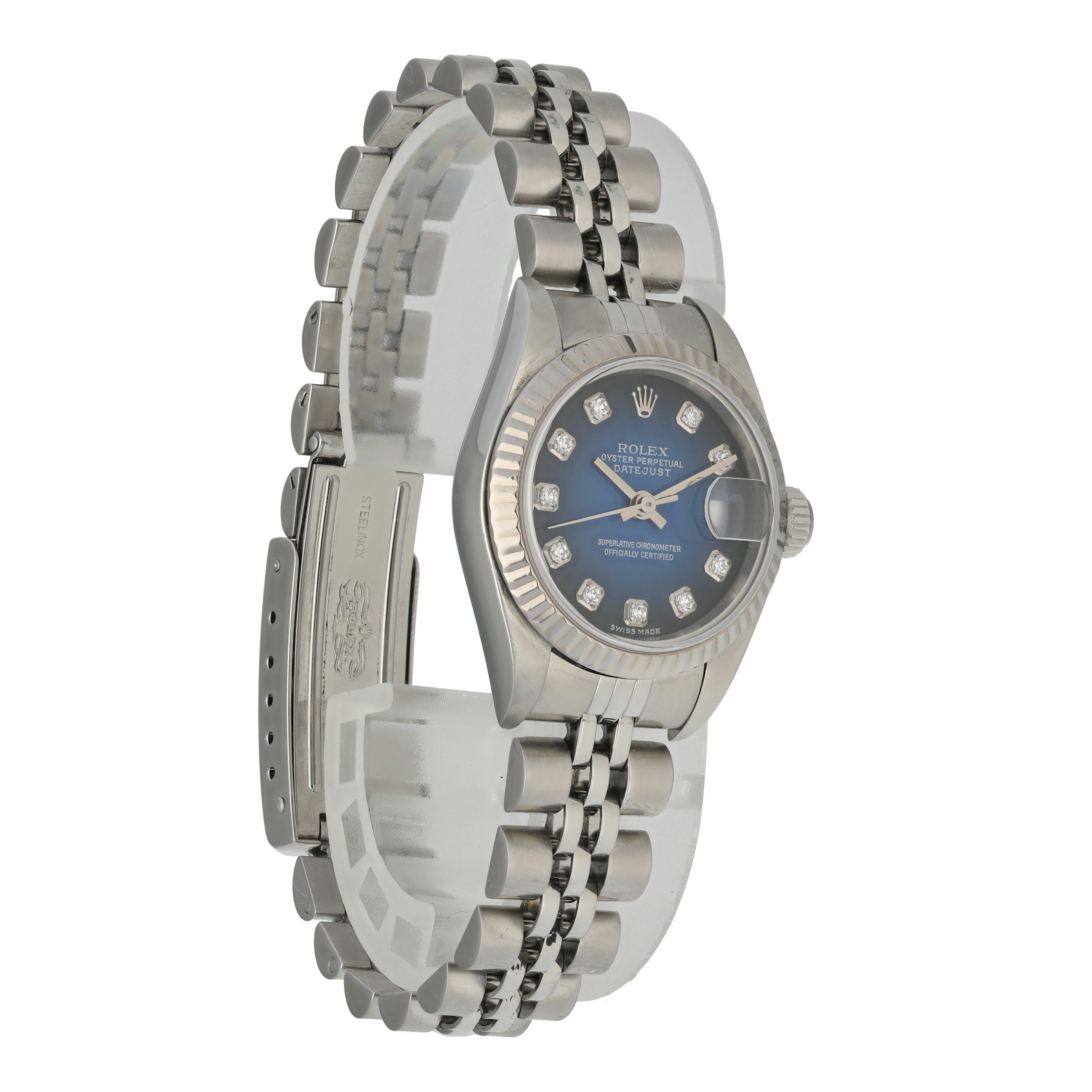 Rolex Datejust 79174 Blue Vignette Diamond Dial Ladies Watch In Excellent Condition For Sale In New York, NY