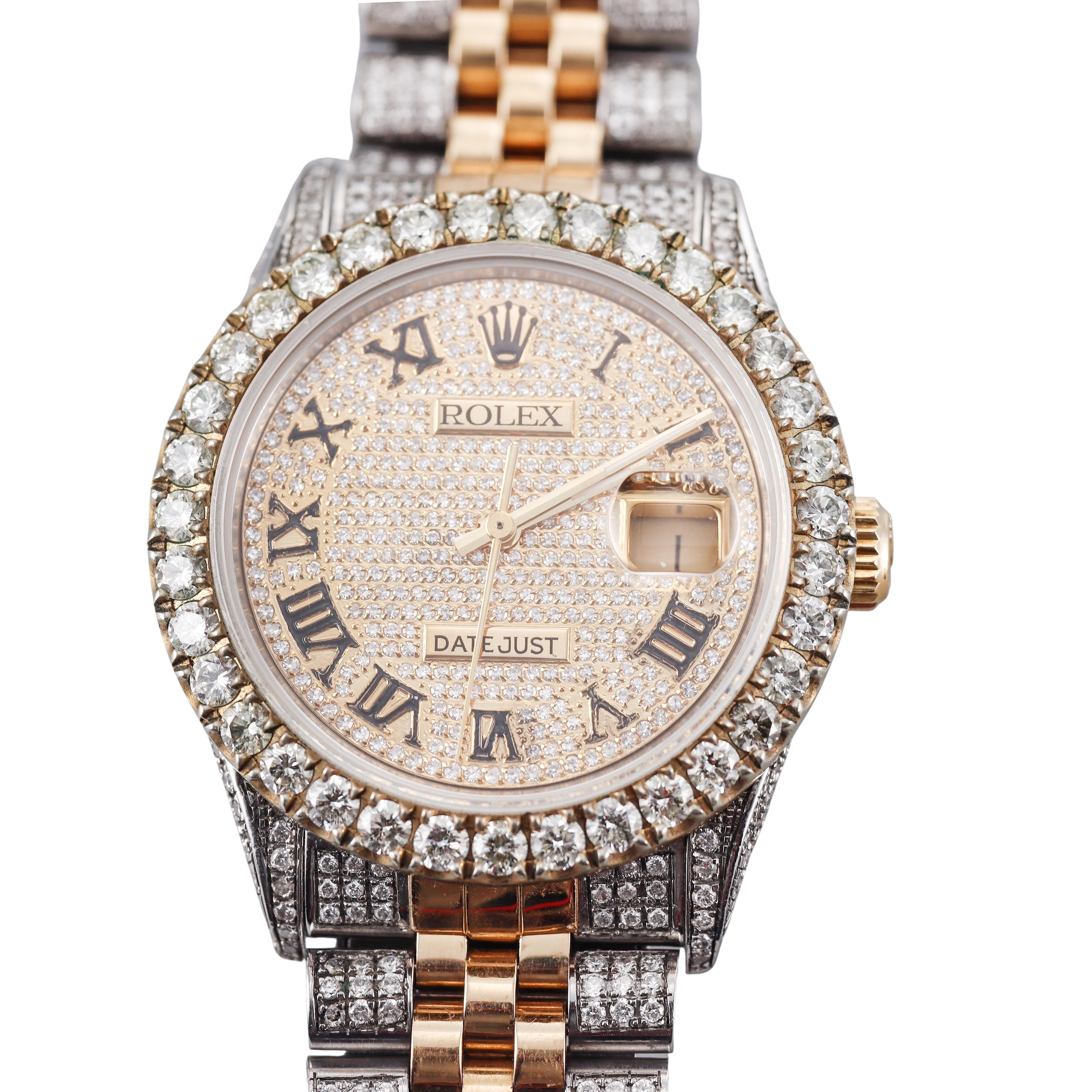 Round Cut Rolex Datejust All Diamond Two Tone Men's Watch For Sale