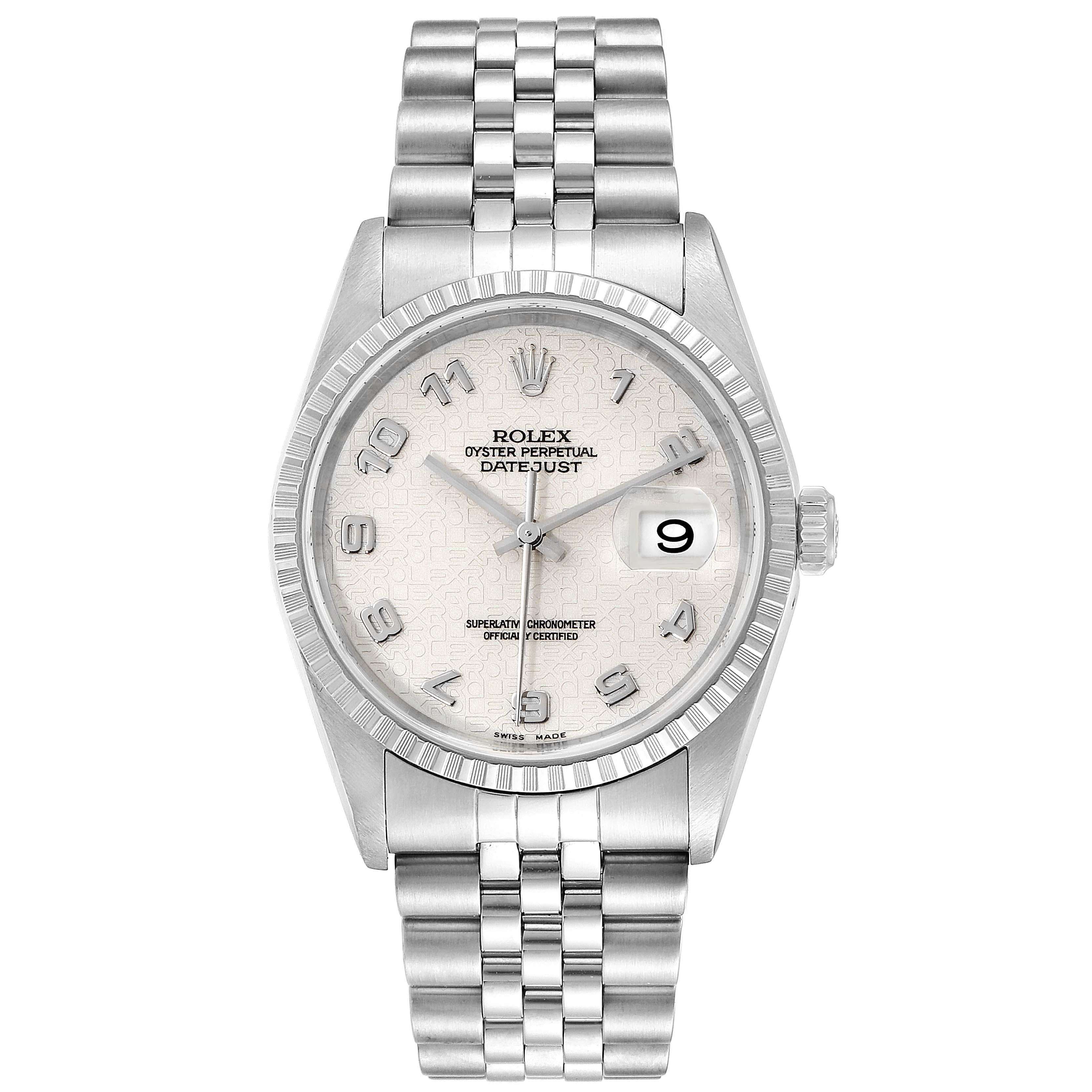 Rolex Datejust Anniversary Dial Jubilee Bracelet Steel Mens Watch 16220. Officially certified chronometer self-winding movement. Stainless steel oyster case 36.0 mm in diameter. Rolex logo on a crown. Stainless steel engine turned bezel. Scratch