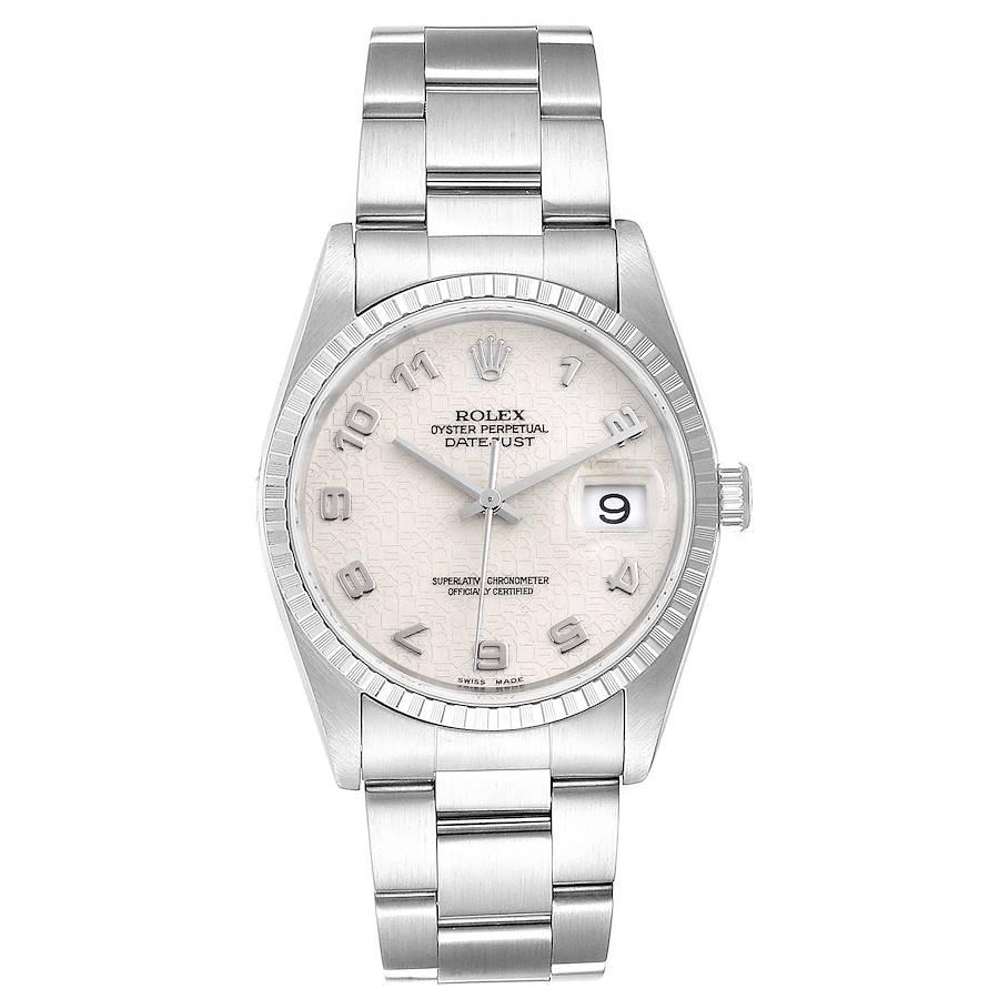 Rolex Datejust Anniversary Dial Oyster Bracelet Steel Mens Watch 16220. Officially certified chronometer self-winding movement. Stainless steel oyster case 36.0 mm in diameter. Rolex logo on a crown. Stainless steel engine turned bezel. Scratch