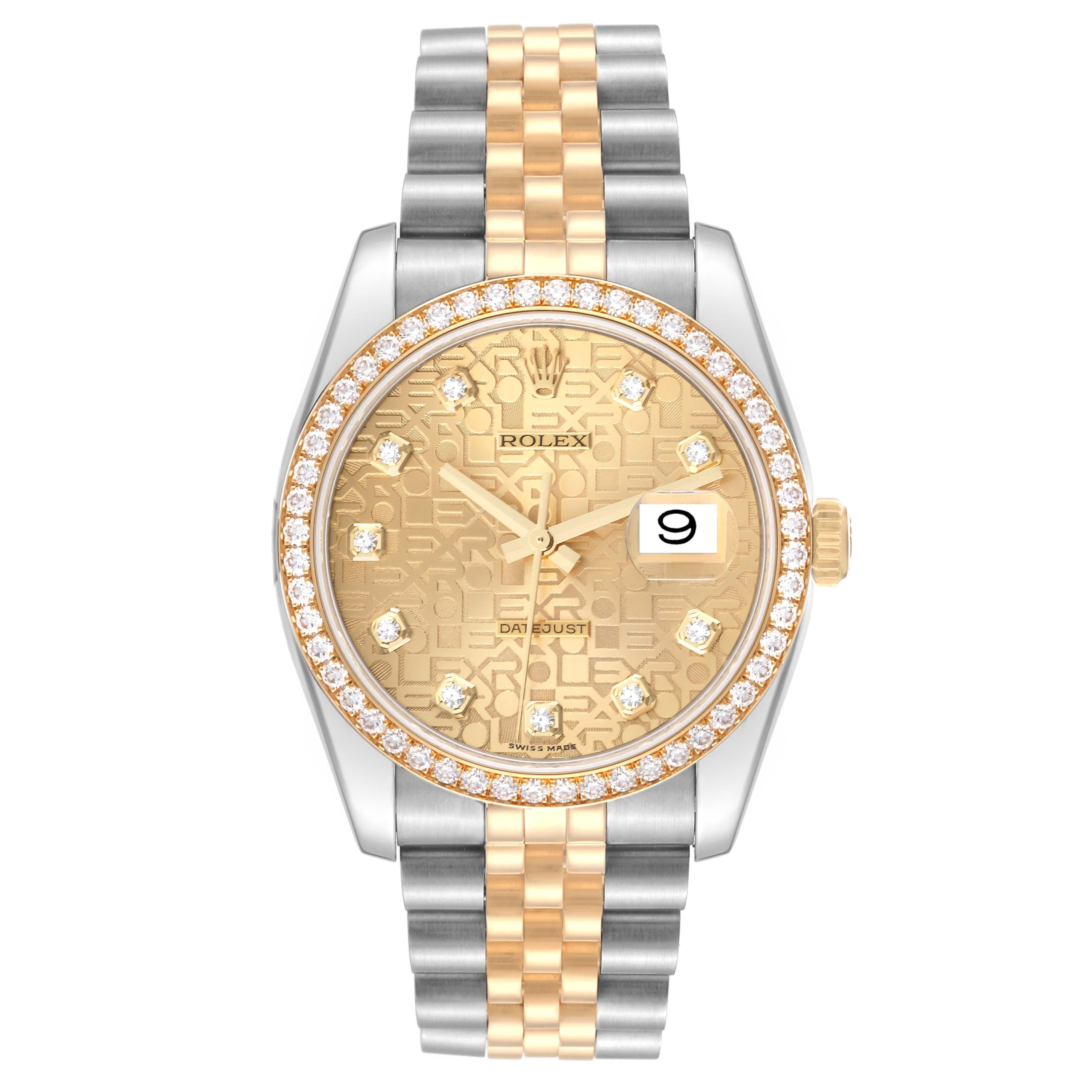 Rolex Datejust Anniversary Dial Steel Yellow Gold Diamond Men's Watch 116243. Officially certified chronometer automatic self-winding movement. Stainless steel case 36.0 mm in diameter.  Rolex logo on an 18k yellow gold crown. 18k yellow gold