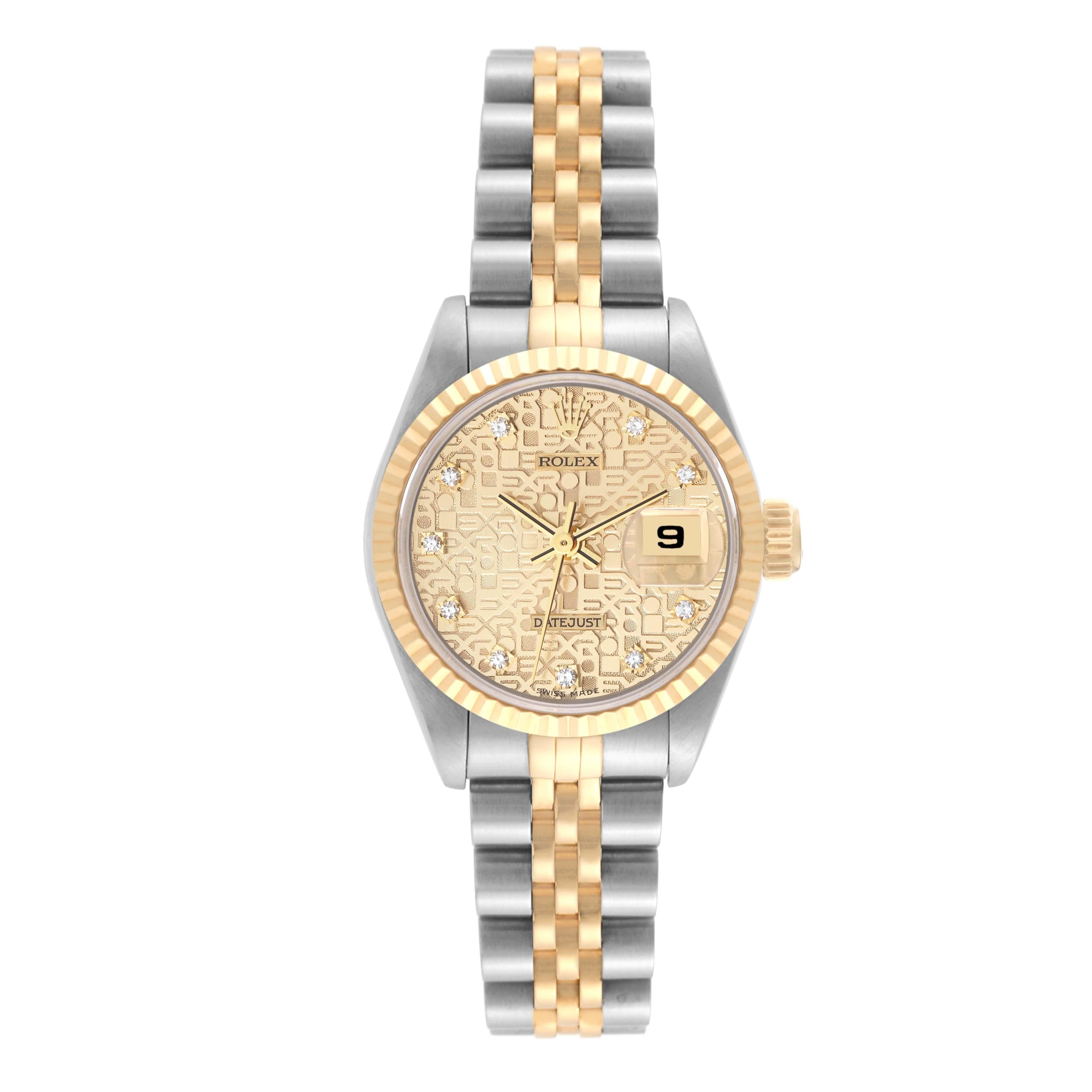 Rolex Datejust Anniversary Diamond Dial Steel Yellow Gold Damenuhr 69173. Offiziell zertifiziertes Chronometerwerk mit automatischem Aufzug. Austerngehäuse aus Edelstahl mit einem Durchmesser von 26.0 mm. Rolex Logo auf der Krone. Geriffelte Lünette