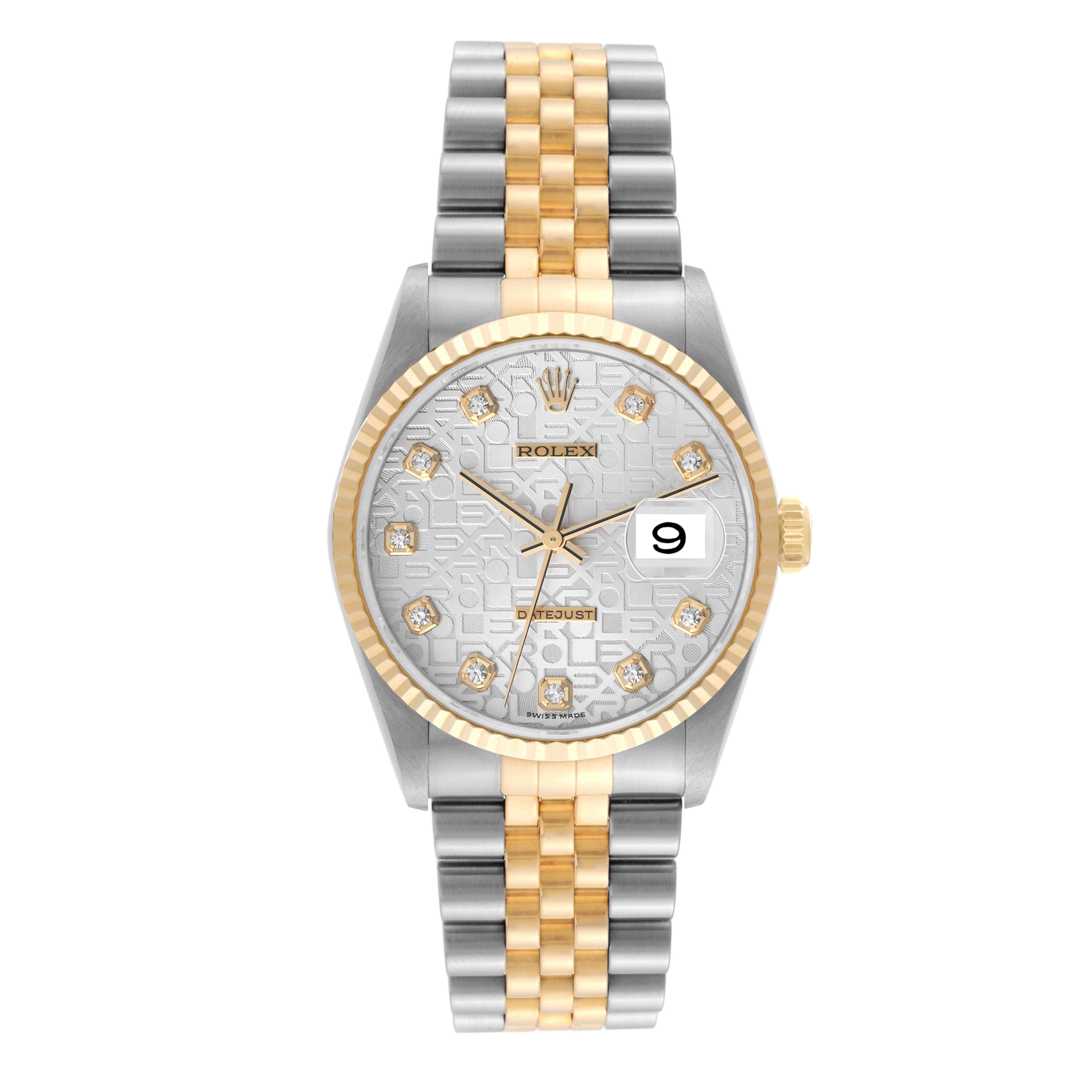 Rolex Datejust Jahrestag Diamant-Zifferblatt Stahl-Gelbgold-Uhr 16233 Box Papiere im Zustand „Hervorragend“ in Atlanta, GA