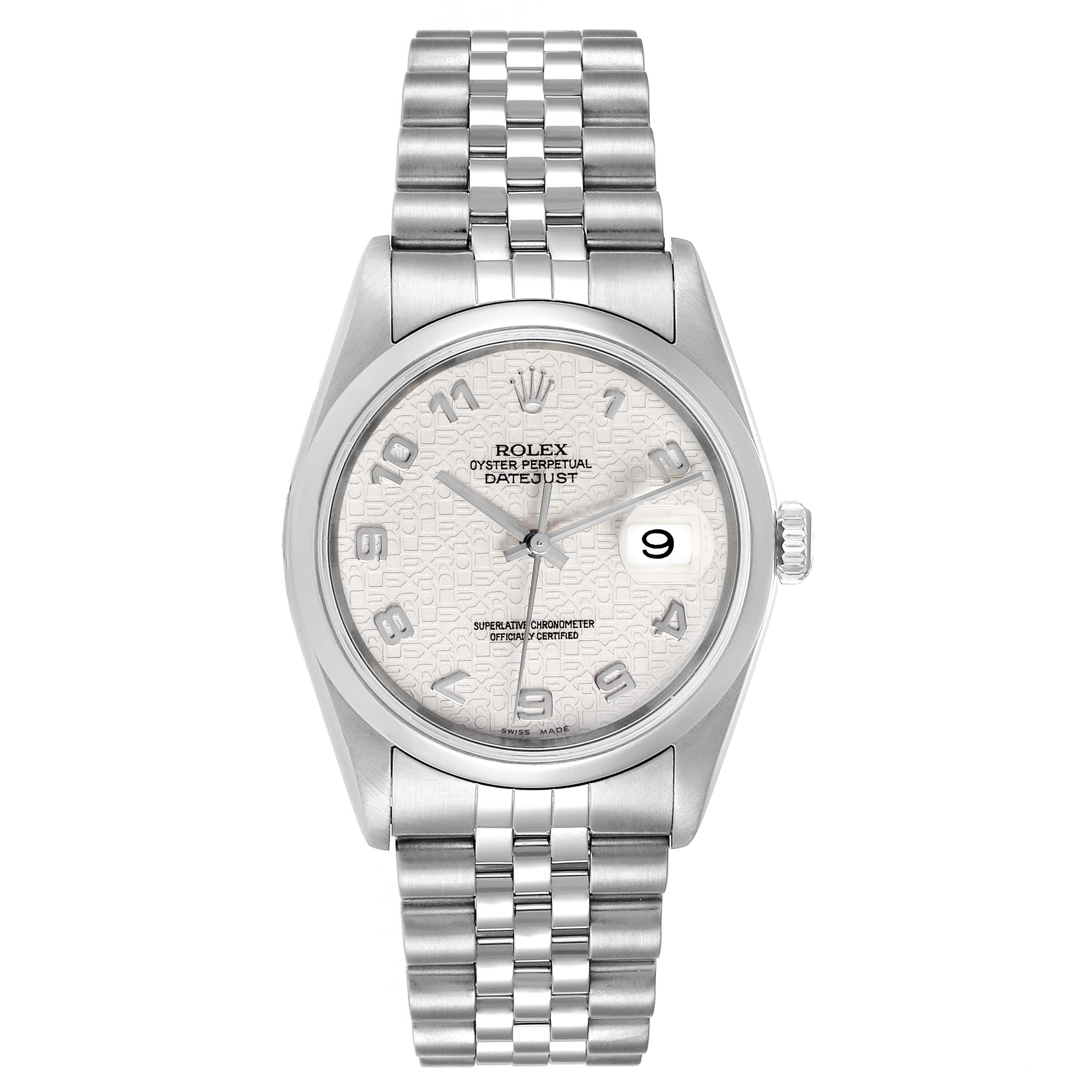Rolex Datejust Anniversary Jubilee Dial Steel Mens Watch 16200 Box Papers. Officially certified chronometer automatic self-winding movement. Stainless steel oyster case 36 mm in diameter. Rolex logo on a crown. Stainless steel smooth bezel. Scratch