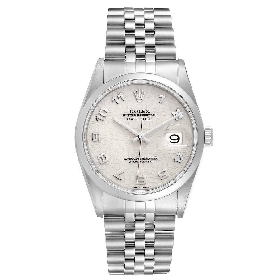 Rolex Datejust Anniversary Jubilee Dial Steel Mens Watch 16200. Officially certified chronometer automatic self-winding movement. Stainless steel oyster case 36 mm in diameter. Rolex logo on a crown. Stainless steel smooth bezel. Scratch resistant