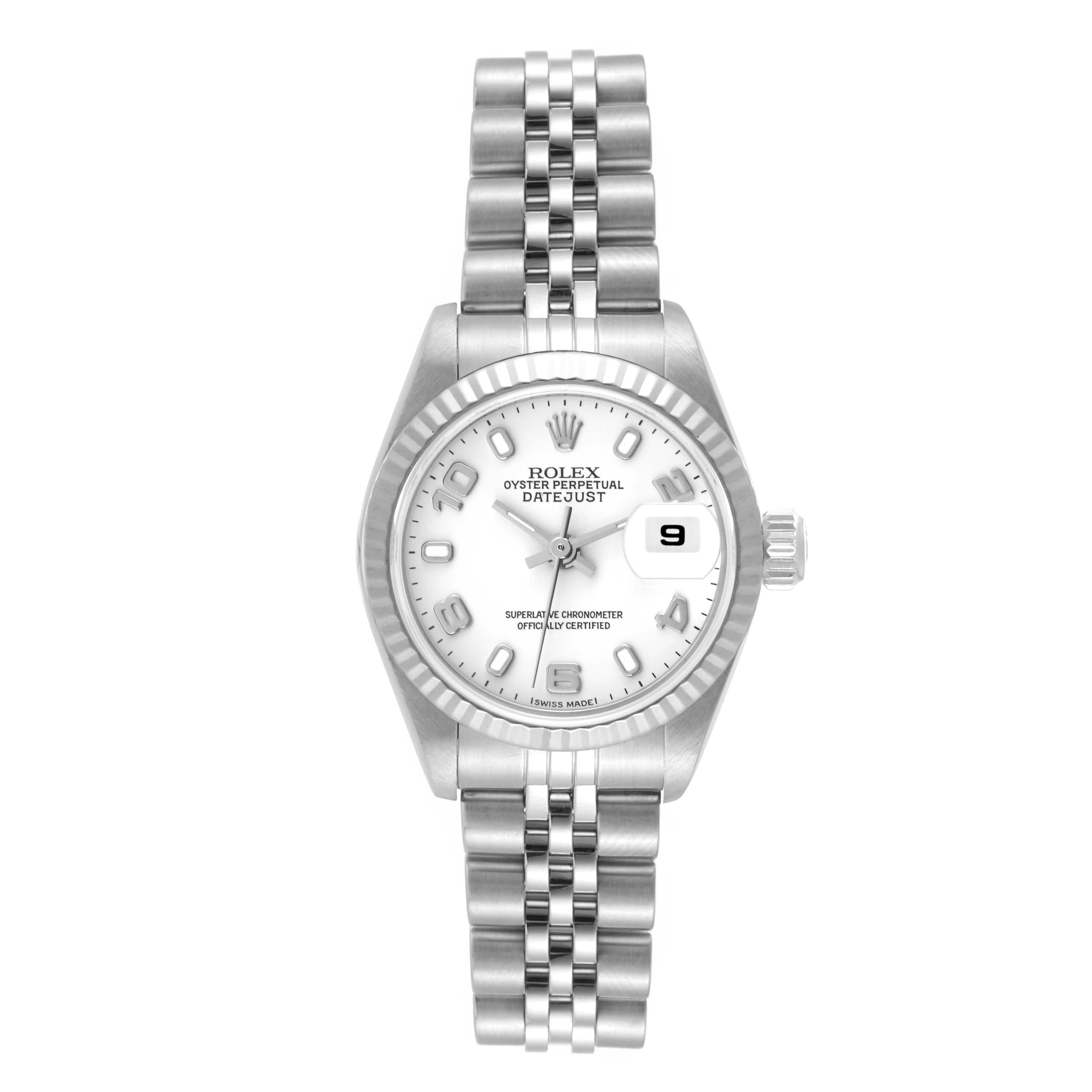 Rolex Datejust Arabic Dial White Gold Steel Ladies Watch 79174. Officially certified chronometer automatic self-winding movement. Stainless steel oyster case 26.0 mm in diameter. Rolex logo on the crown. 18K white gold fluted bezel. Scratch