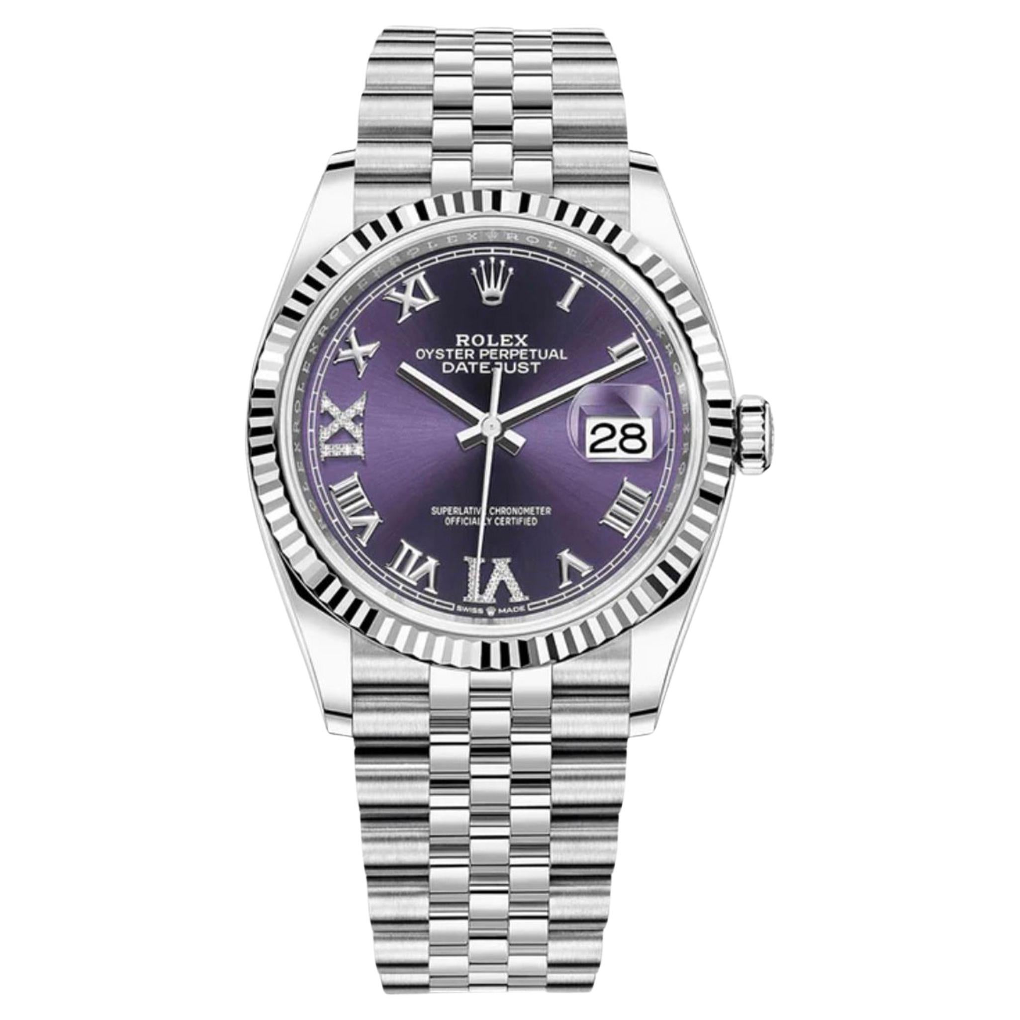 Rolex Montre Datejust Aubergine Roman DIA cadran cannelé Jubilee WG/SS 36 Style : 126234
