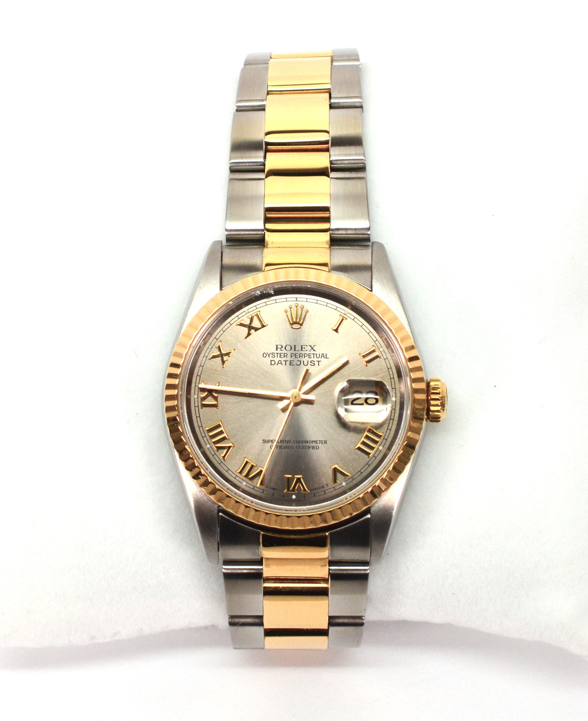 The Rolex 1995 Oyster Perpetual Datejust is a classic example of Rolex's timeless elegance and durability. Reference number 16233 and case size 36mm, the attractive fluted bezel and center links of the Oyster bracelet are a complementary 18 karat