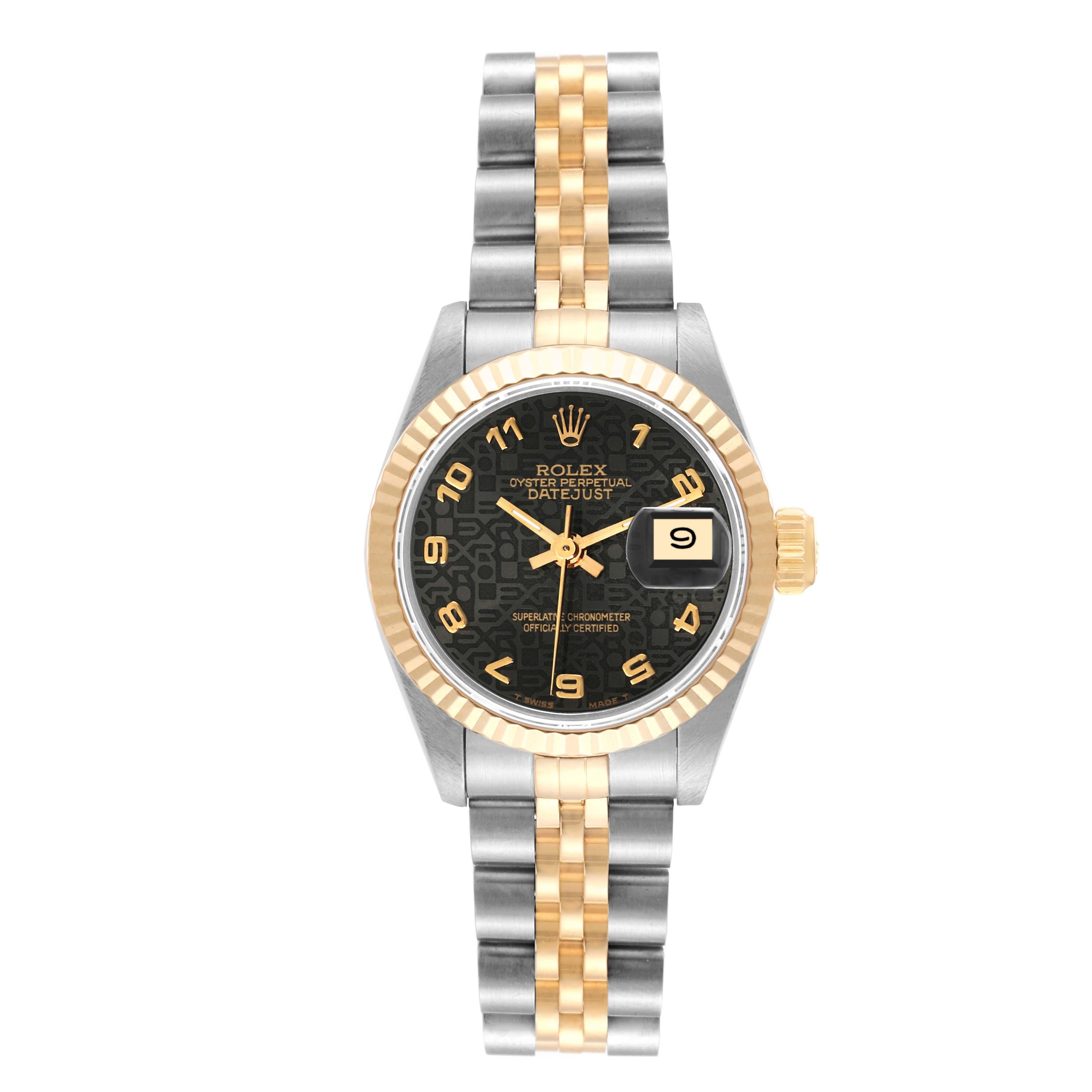 Rolex Datejust Black Anniversary Dial Steel Yellow Gold Ladies Watch 69173. Officially certified chronometer automatic self-winding movement. Stainless steel oyster case 26.0 mm in diameter. Rolex logo on the crown. 18k yellow gold fluted bezel.