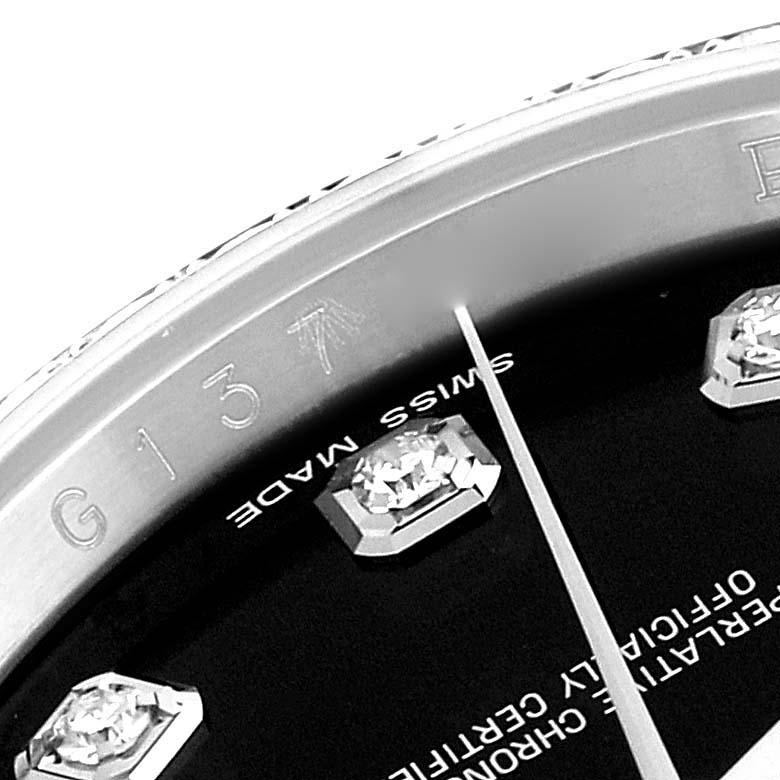 Rolex Datejust Black Dial Diamond Steel Mens Watch 116244. Mouvement automatique à remontage automatique, officiellement certifié chronomètre. Boîtier en acier inoxydable de 36 mm de diamètre. Logo Rolex sur une couronne. Lunette en diamant