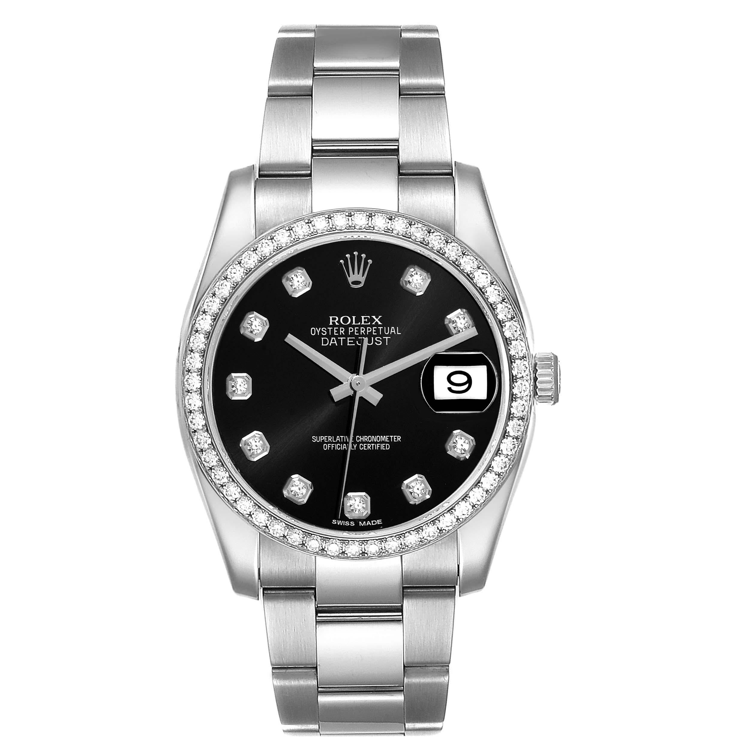 Rolex Datejust Black Dial Diamond Steel Mens Watch 116244 Excellent état - En vente à Atlanta, GA
