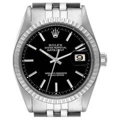 Rolex Datejust Black Dial Engine Turned Bezel Vintage Steel Mens Watch 1603