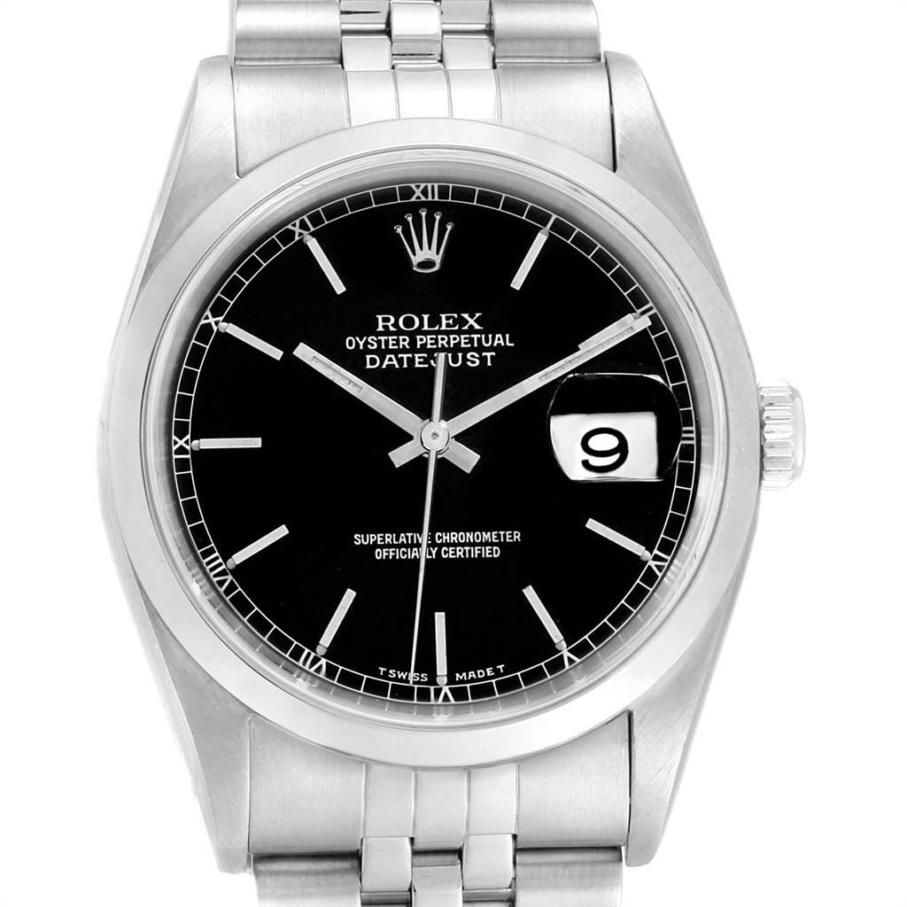 Rolex Datejust Black Dial Jubilee Bracelet Steel Mens Watch 16200. Officially certified chronometer automatic self-winding movement with quickset date function. Stainless steel oyster case 36 mm in diameter. Rolex logo on a crown. Stainless steel
