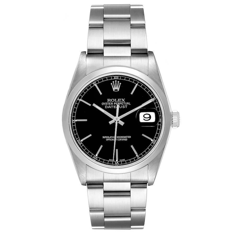 Rolex Datejust schwarzes Zifferblatt Oyster Bracelet Stahl Herrenuhr 16200 Box Papiere. Offiziell zertifiziertes Chronometerwerk mit automatischem Aufzug und Datumsschnellverstellung. Oyster-Gehäuse aus Edelstahl mit einem Durchmesser von 36 mm.