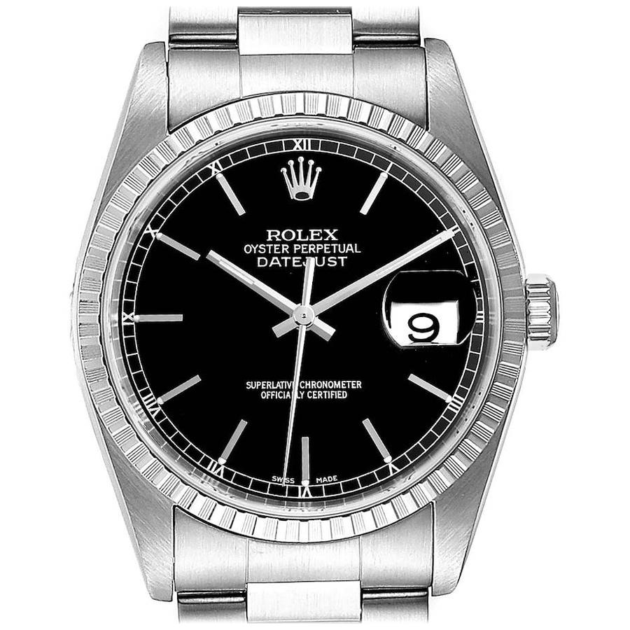 Rolex Datejust Black Dial Oyster Bracelet Steel Men's Watch 16220 Box Papers