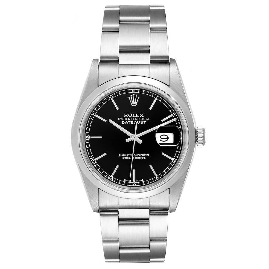 Rolex Datejust Black Dial Steel Mens Watch 16200 Box. Officially certified chronometer automatic self-winding movement. Stainless steel oyster case 36 mm in diameter. Rolex logo on a crown. Stainless steel smooth bezel. Scratch resistant sapphire