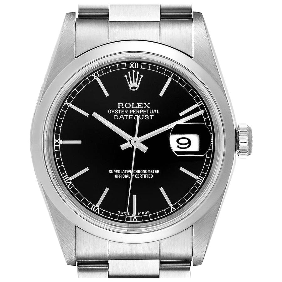 Rolex Datejust Black Dial Steel Men's Watch 16200 Box