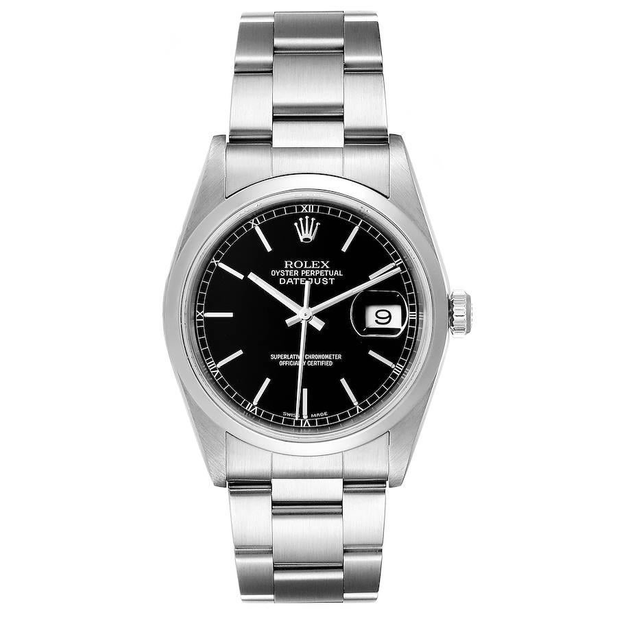 Rolex Datejust Black Dial Steel Mens Watch 16200. Officially certified chronometer automatic self-winding movement. Stainless steel oyster case 36 mm in diameter. Rolex logo on a crown. Stainless steel smooth bezel. Scratch resistant sapphire