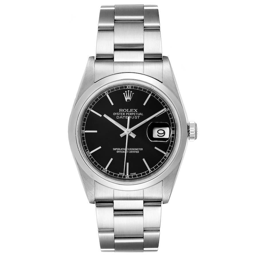 Rolex Datejust Black Dial Steel Mens Watch 16200 Papers. Officially certified chronometer automatic self-winding movement. Stainless steel oyster case 36 mm in diameter. Rolex logo on a crown. Stainless steel smooth bezel. Scratch resistant sapphire