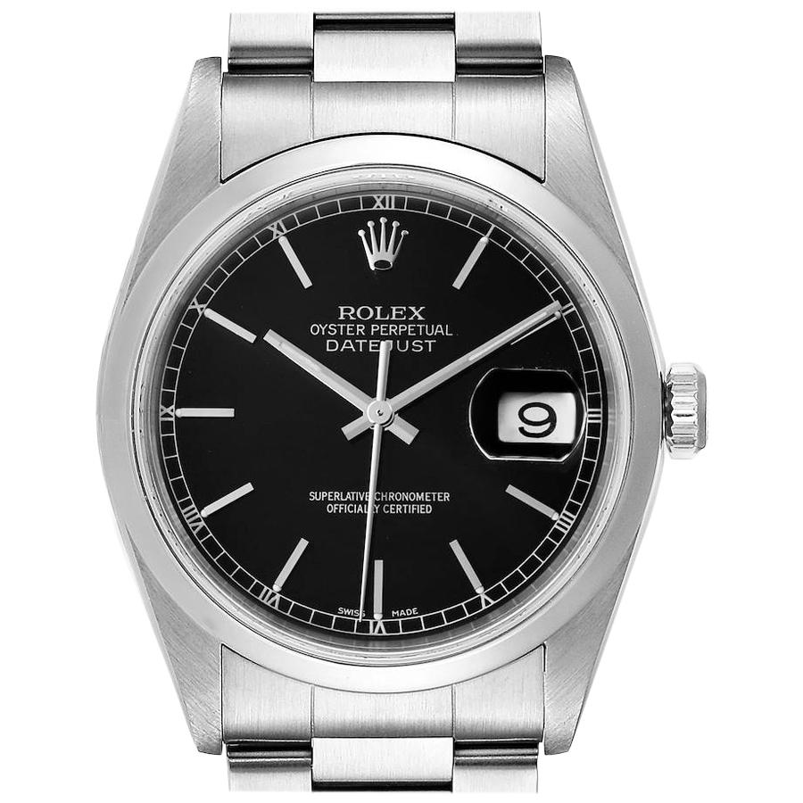Rolex Datejust Black Dial Steel Men's Watch 16200 Papers