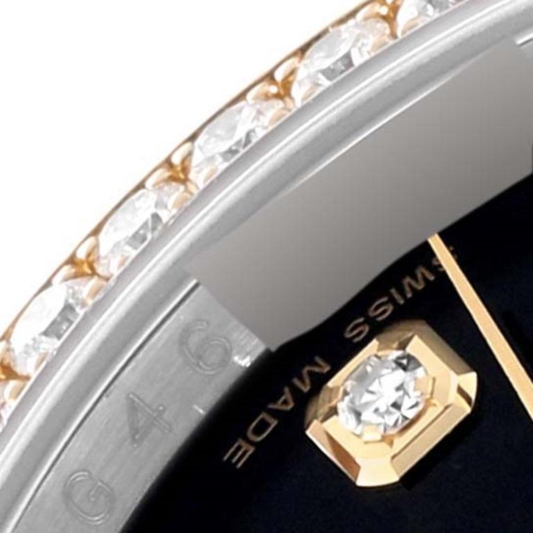Rolex Datejust Schwarzes Zifferblatt Stahl Gelbgold Diamant Herrenuhr 116243. Offiziell zertifiziertes Chronometerwerk mit automatischem Aufzug. Gehäuse aus Edelstahl mit einem Durchmesser von 36.0 mm.  Rolex Logo auf einer Krone aus 18k Gelbgold.