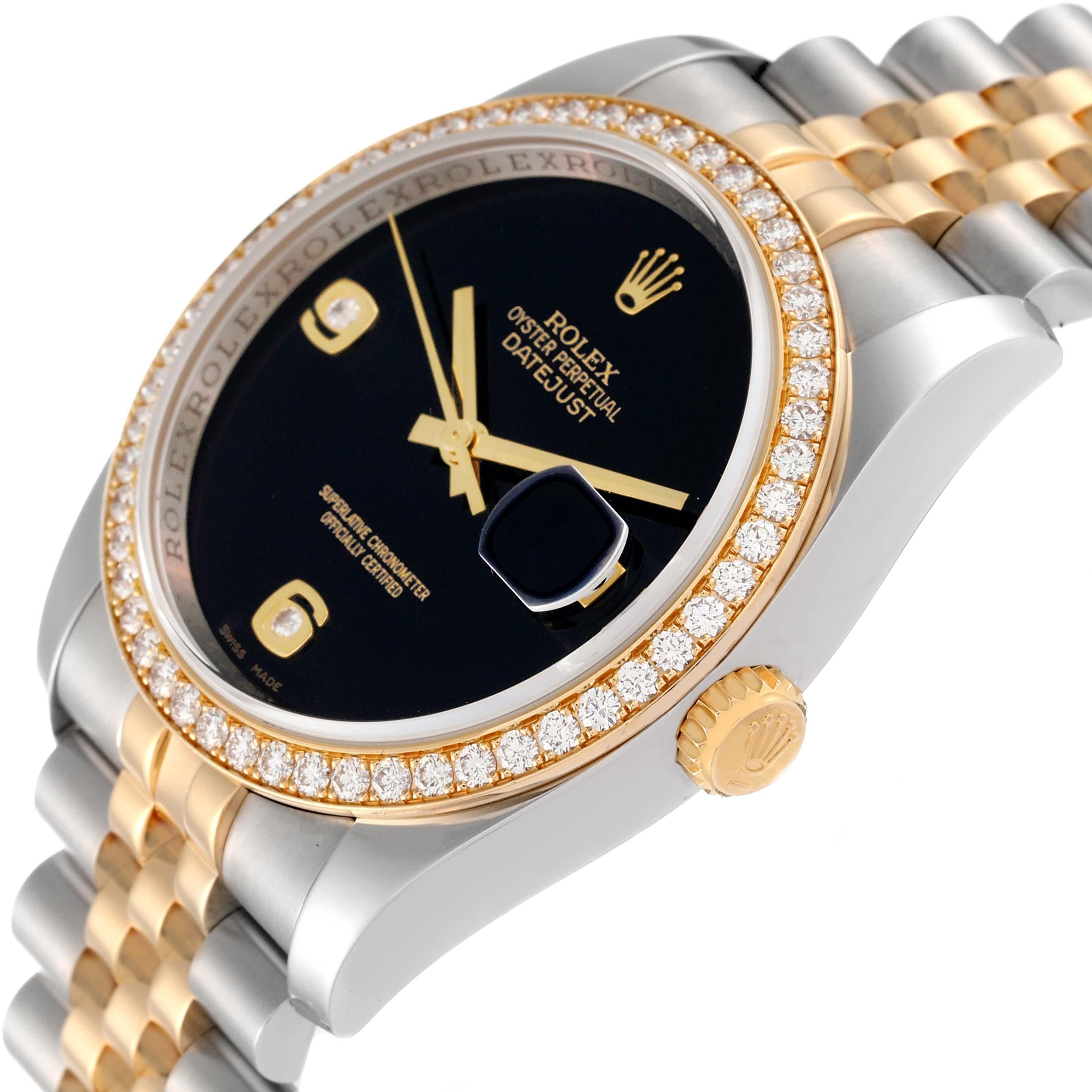 Rolex Datejust Black Dial Steel Yellow Gold Diamond Mens Watch 116243 In Excellent Condition For Sale In Atlanta, GA