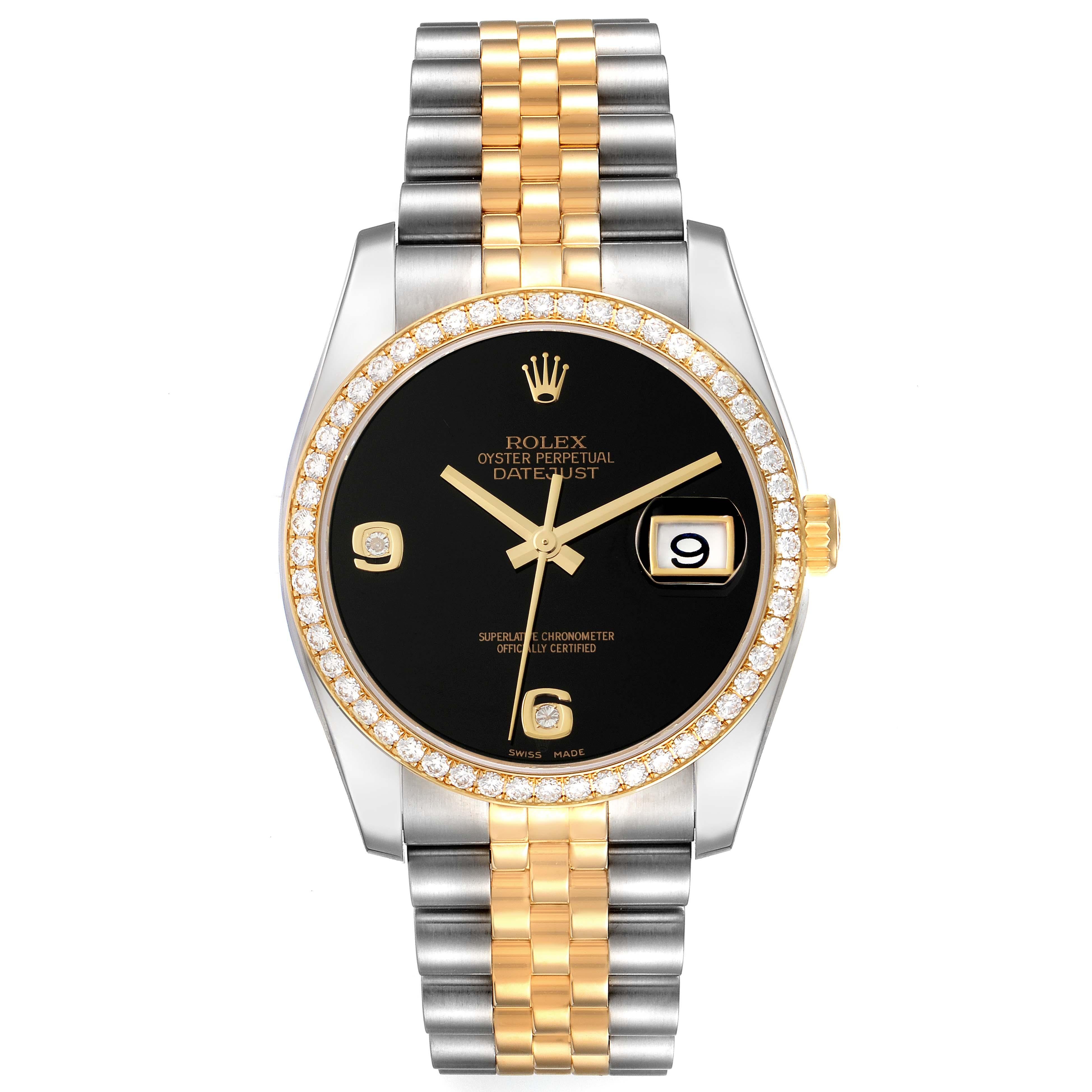 Men's Rolex Datejust Black Dial Steel Yellow Gold Diamond Mens Watch 116243 For Sale