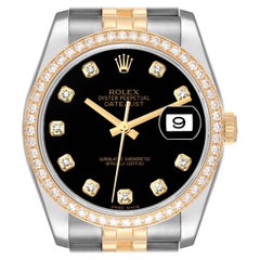 Rolex Datejust Black Dial Steel Yellow Gold Diamond Mens Watch 116243