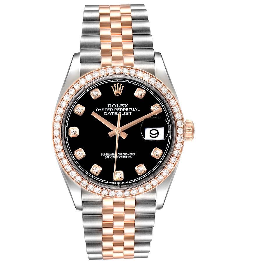 Rolex Datejust Black Diamond Dial Steel EveRose Gold Watch 126231 Box Card. Officially certified chronometer self-winding movement. Stainless steel case 36.0 mm in diameter. High polished lugs. Rolex logo on a 18K rose gold crown. Original Rolex