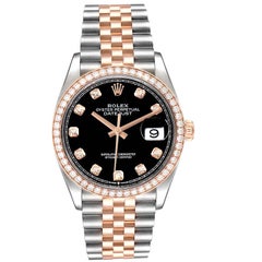 Rolex Datejust Black Diamond Dial Steel EveRose Gold Watch 126231 Box Card