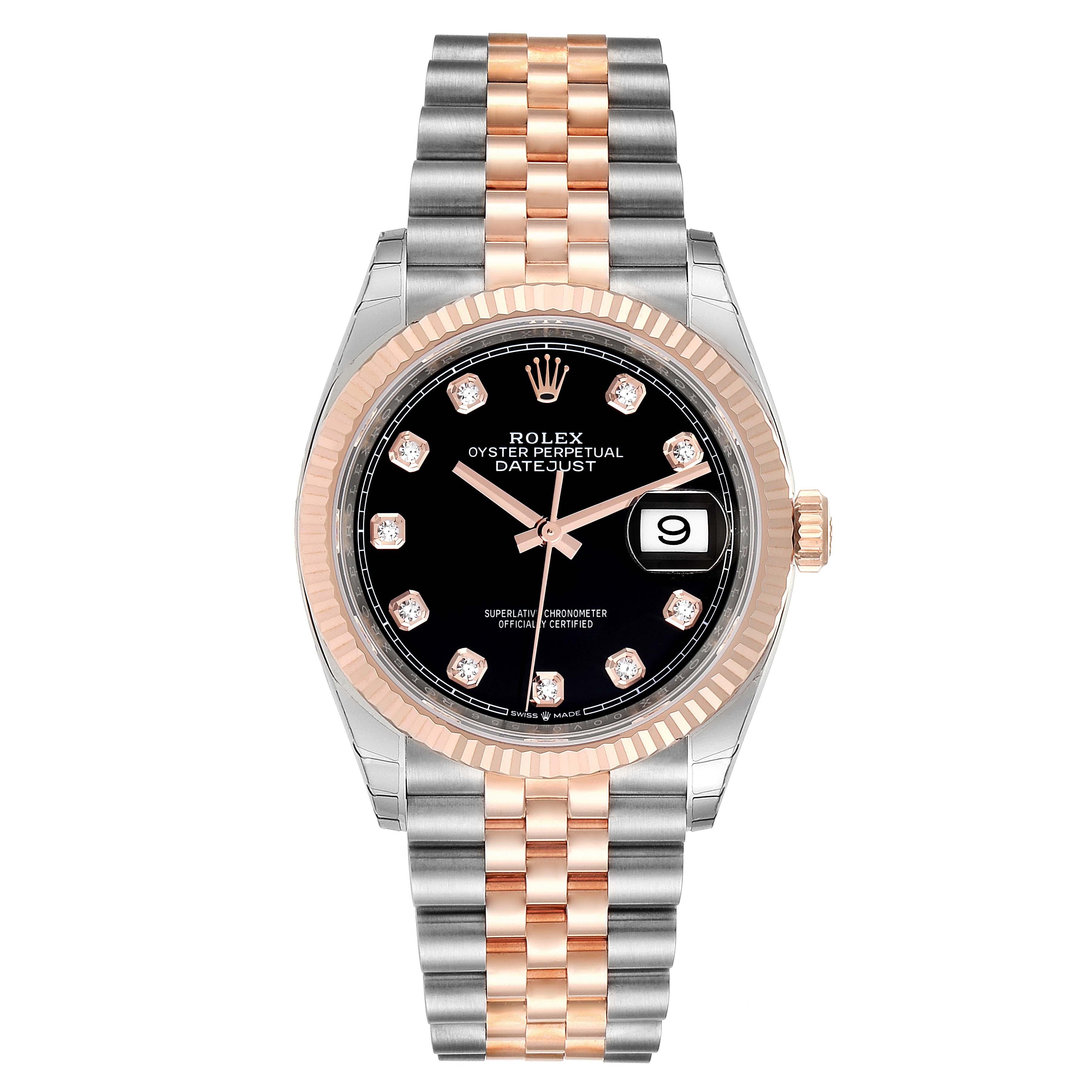 Rolex Datejust Black Diamond Dial Steel EveRose Gold Watch 126231 Unworn. Officially certified chronometer self-winding movement. Stainless steel case 36.0 mm in diameter. High polished lugs. Rolex logo on a 18K rose gold crown. 18k rose gold fluted