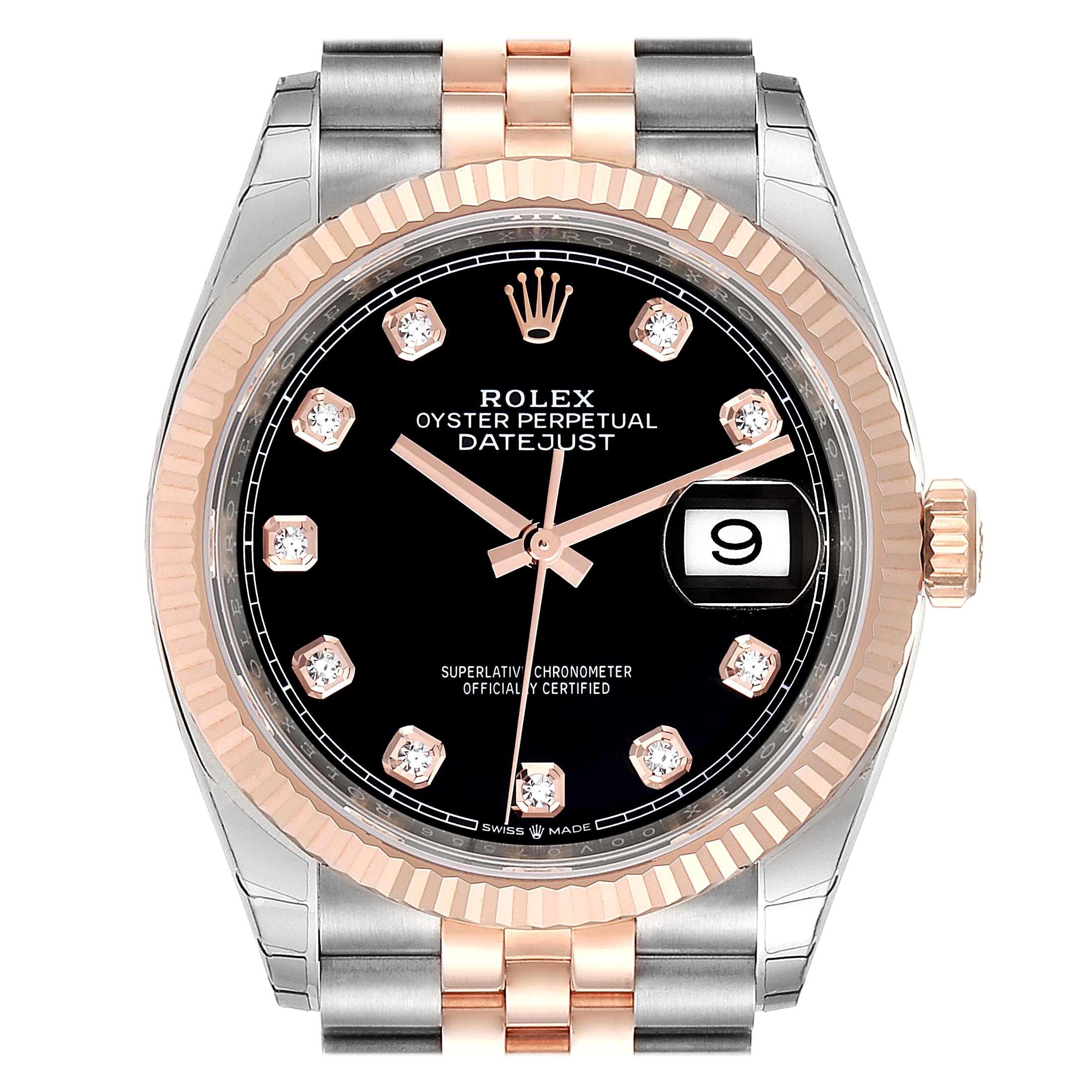 Rolex Datejust Black Diamond Dial Steel EveRose Gold Watch 126231 Unworn For Sale