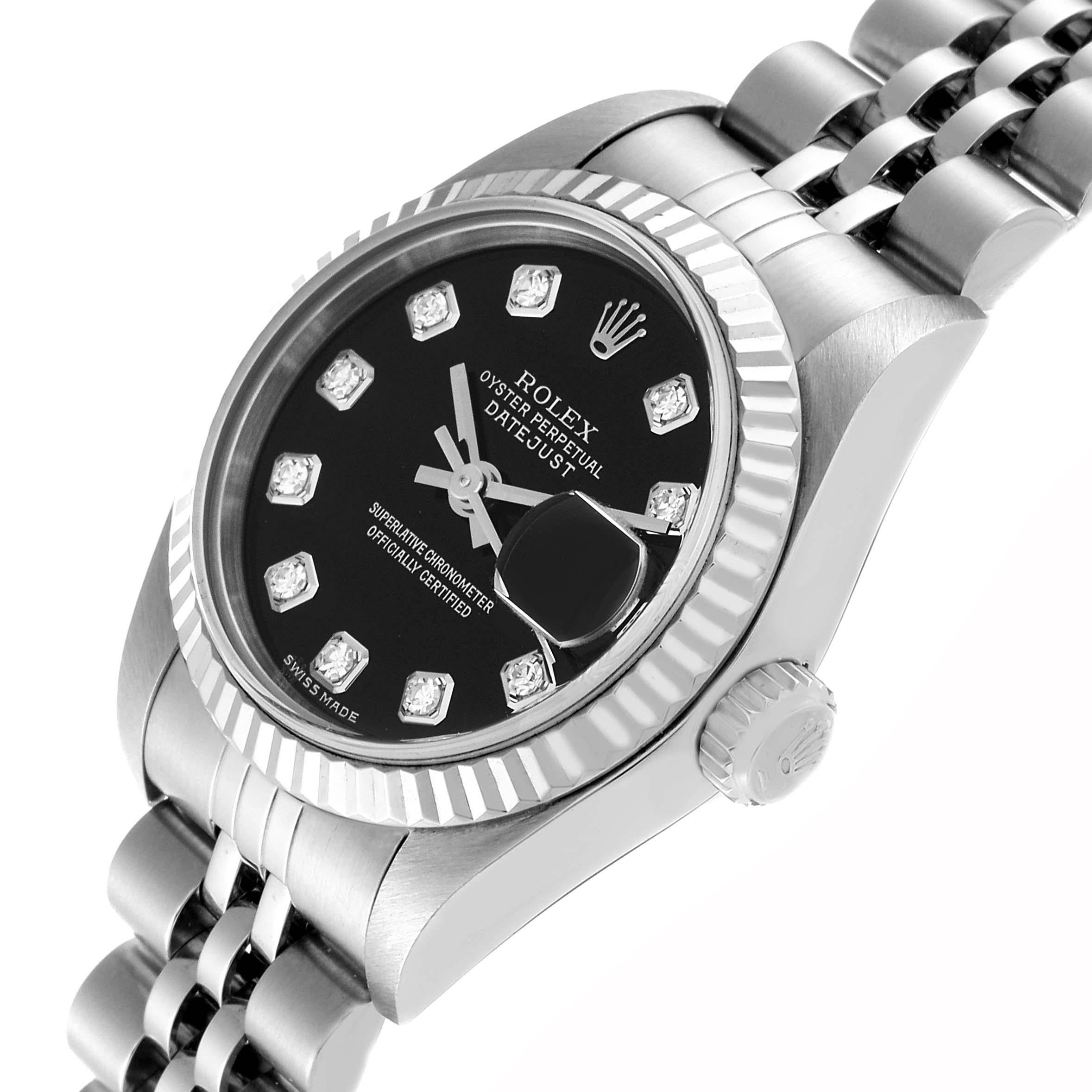 Rolex Datejust Black Diamond Dial White Gold Steel Ladies Watch 79174 Box Papers In Excellent Condition In Atlanta, GA