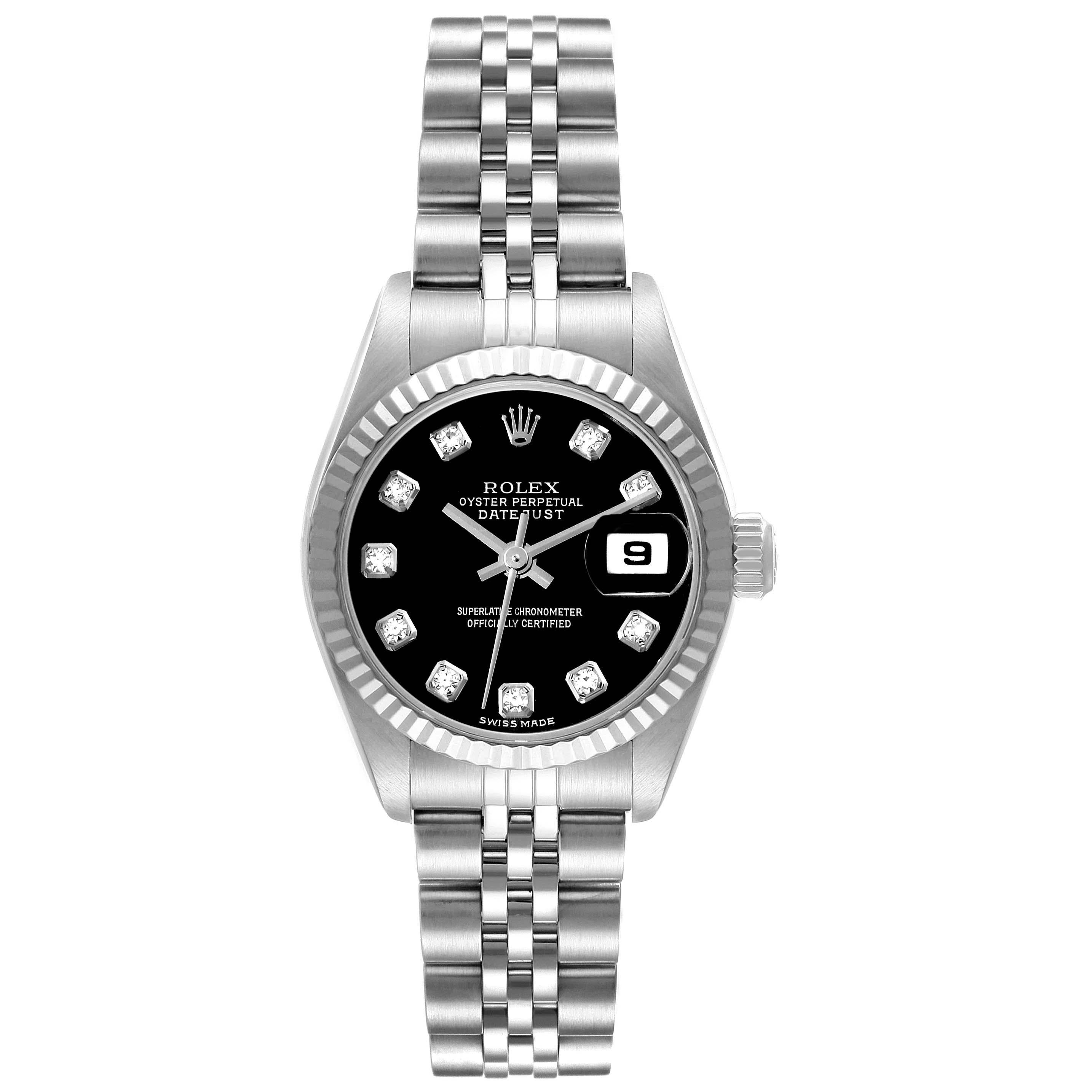  Rolex Datejust Black Diamond Dial White Gold Steel Ladies Watch 79174 Box Papers Pour femmes 