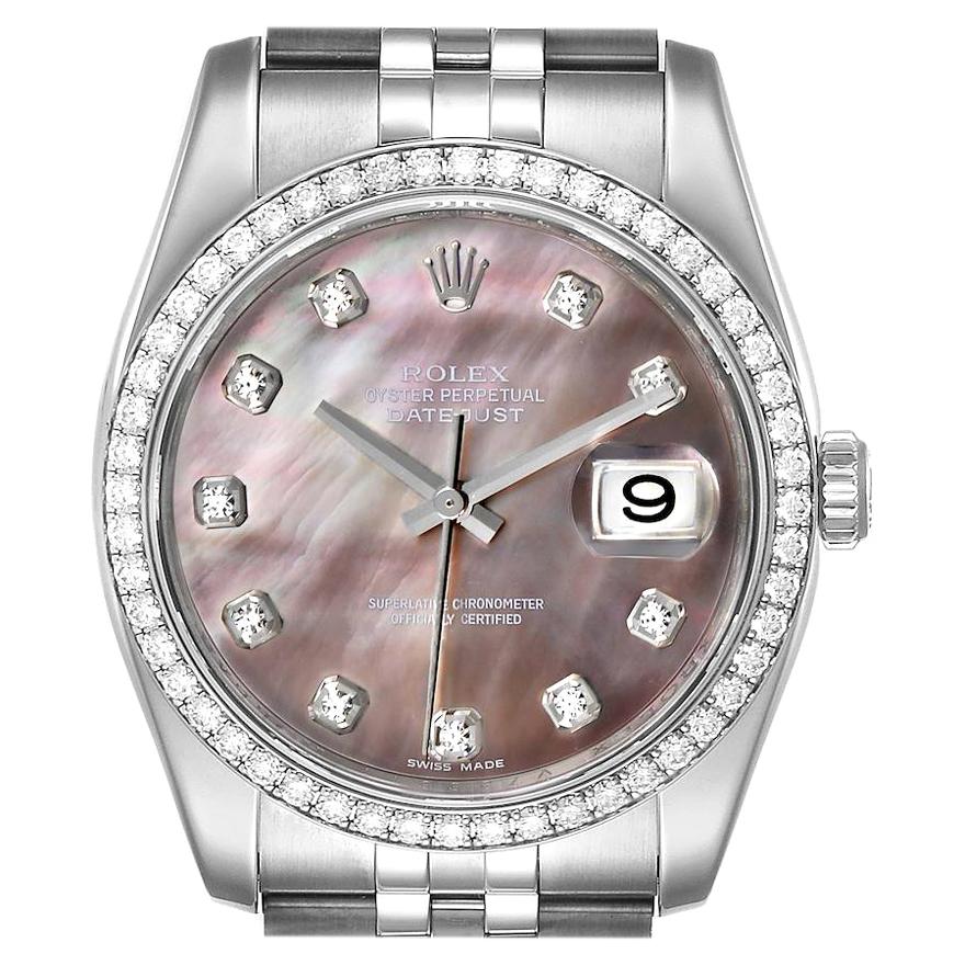 Rolex Datejust Black MOP Diamond Dial Bezel Steel Men's Watch 116244 Box