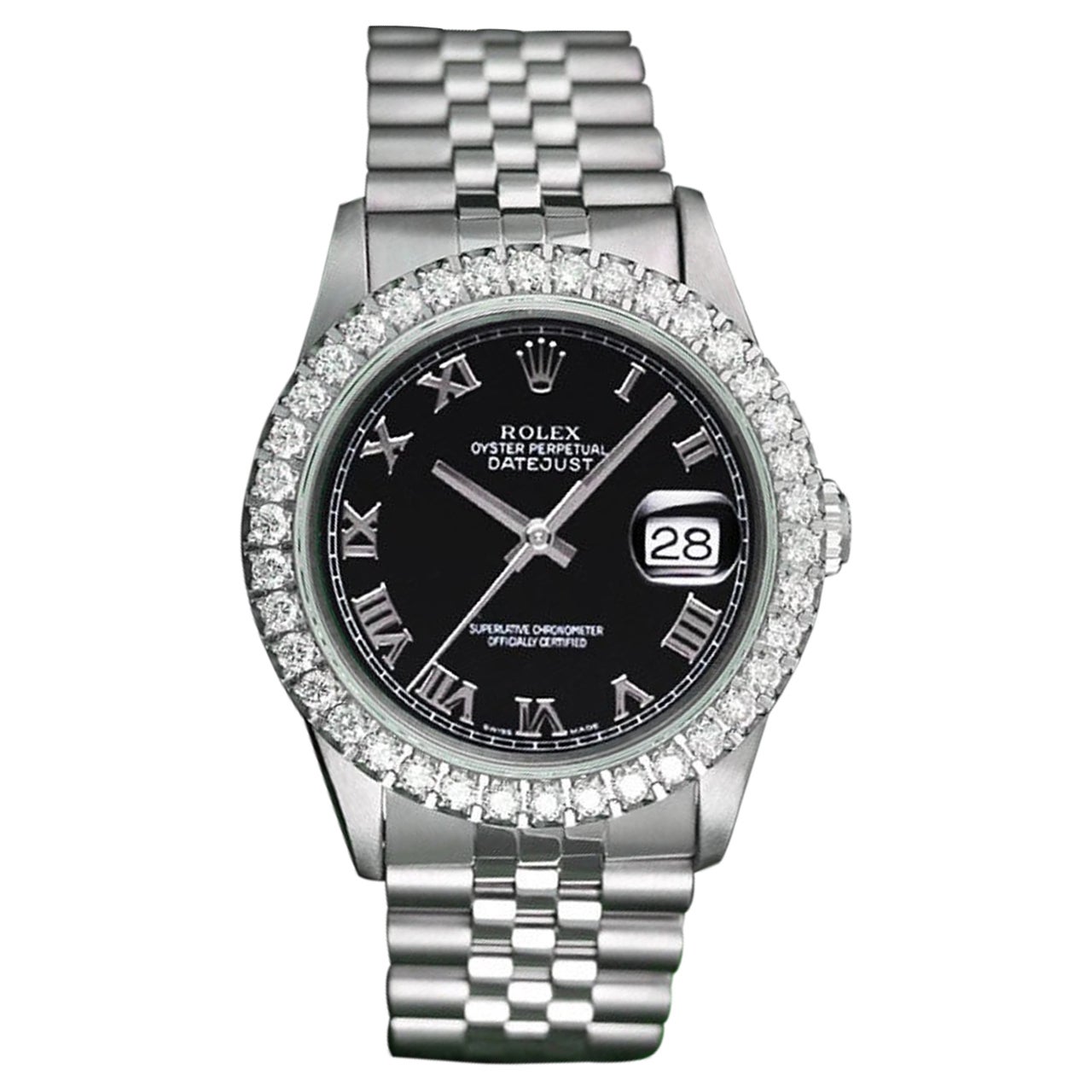 Rolex Datejust 36mm Schwarzes Jubiläumsarmband mit römischem Zifferblatt und Diamant-Lünette SS 16014