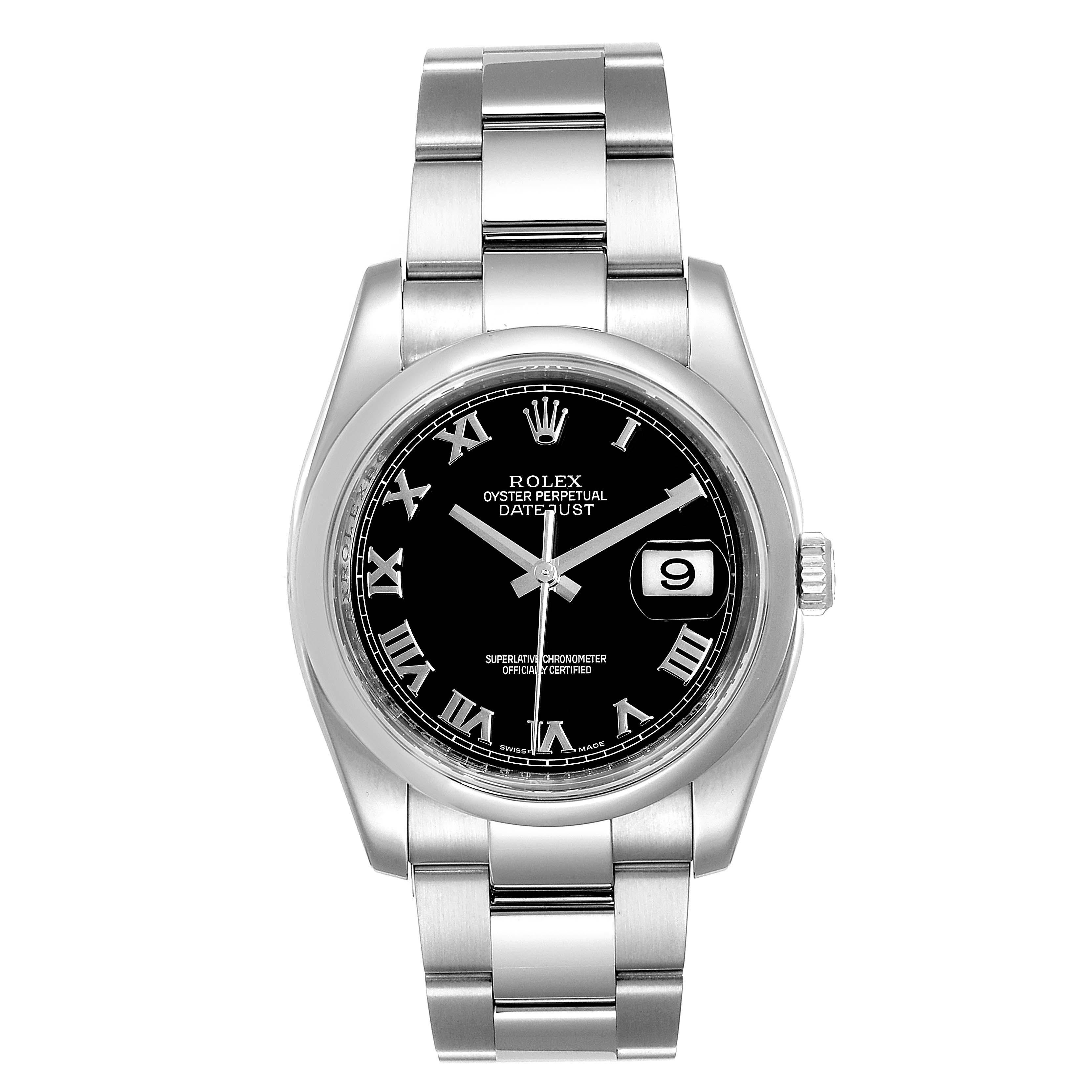 Rolex Datejust Black Roman Dial Steel Mens Watch 116200 Box Card. Officially certified chronometer self-winding movement with quickset date. Stainless steel case 36.0 mm in diameter. High polished lugs. Rolex logo on a crown. Stainless steel smooth