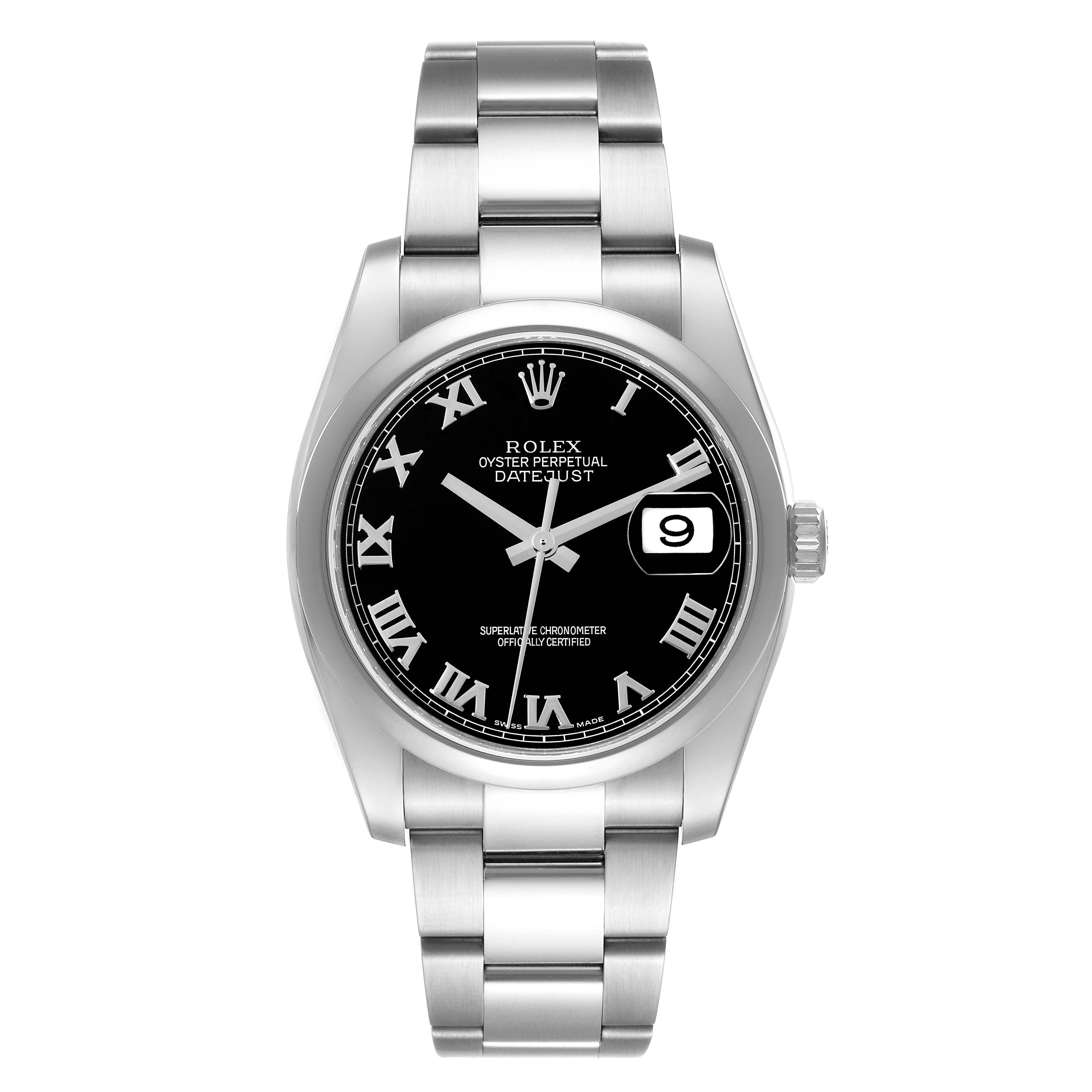 Rolex Datejust Black Roman Dial Steel Mens Watch 116200 Box Card. Mouvement automatique à remontage automatique, certifié officiellement chronomètre, avec date à réglage rapide. Boîtier en acier inoxydable de 36.0 mm de diamètre. Cosses hautement