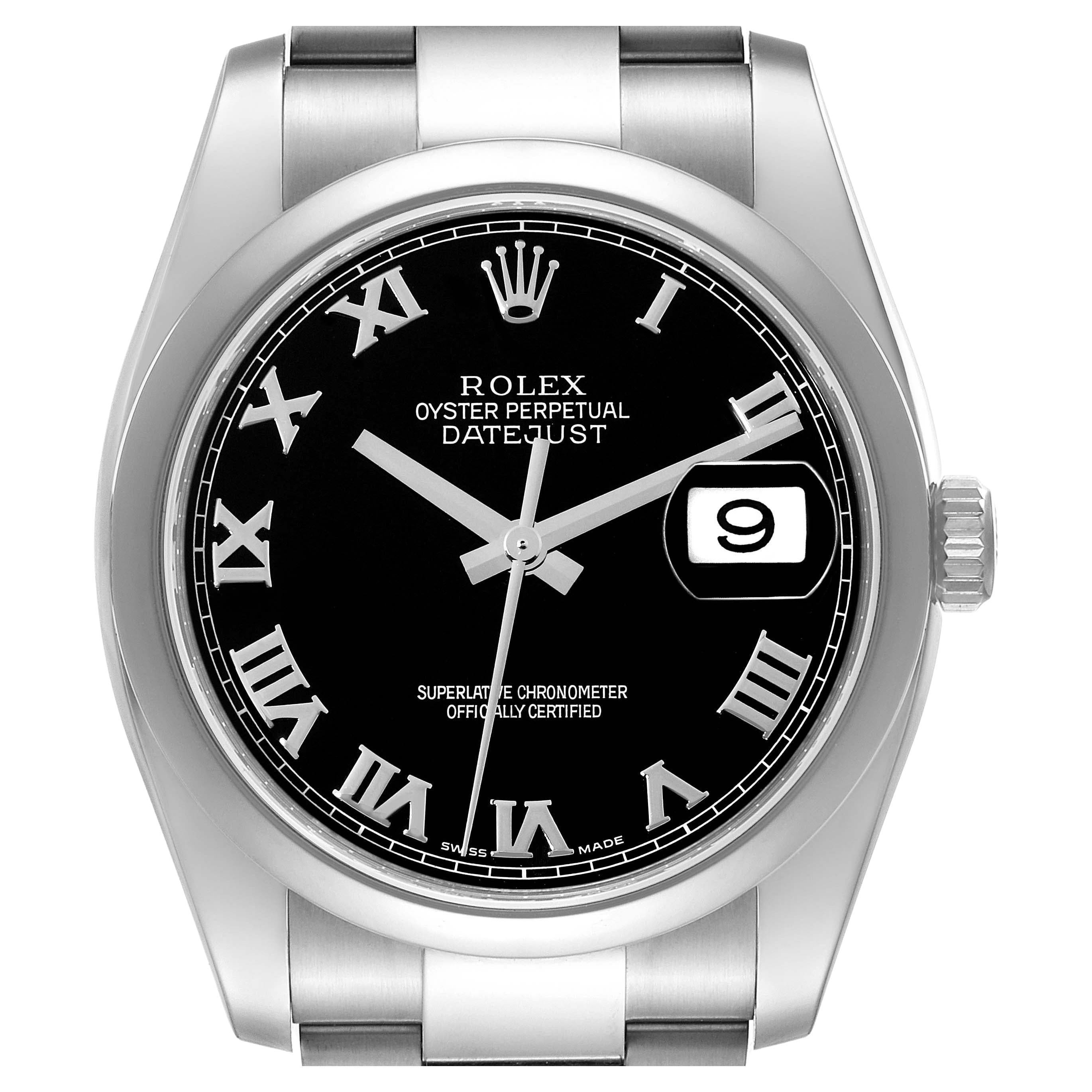 Rolex Datejust Black Roman Dial Steel Mens Watch 116200 Box Card en vente